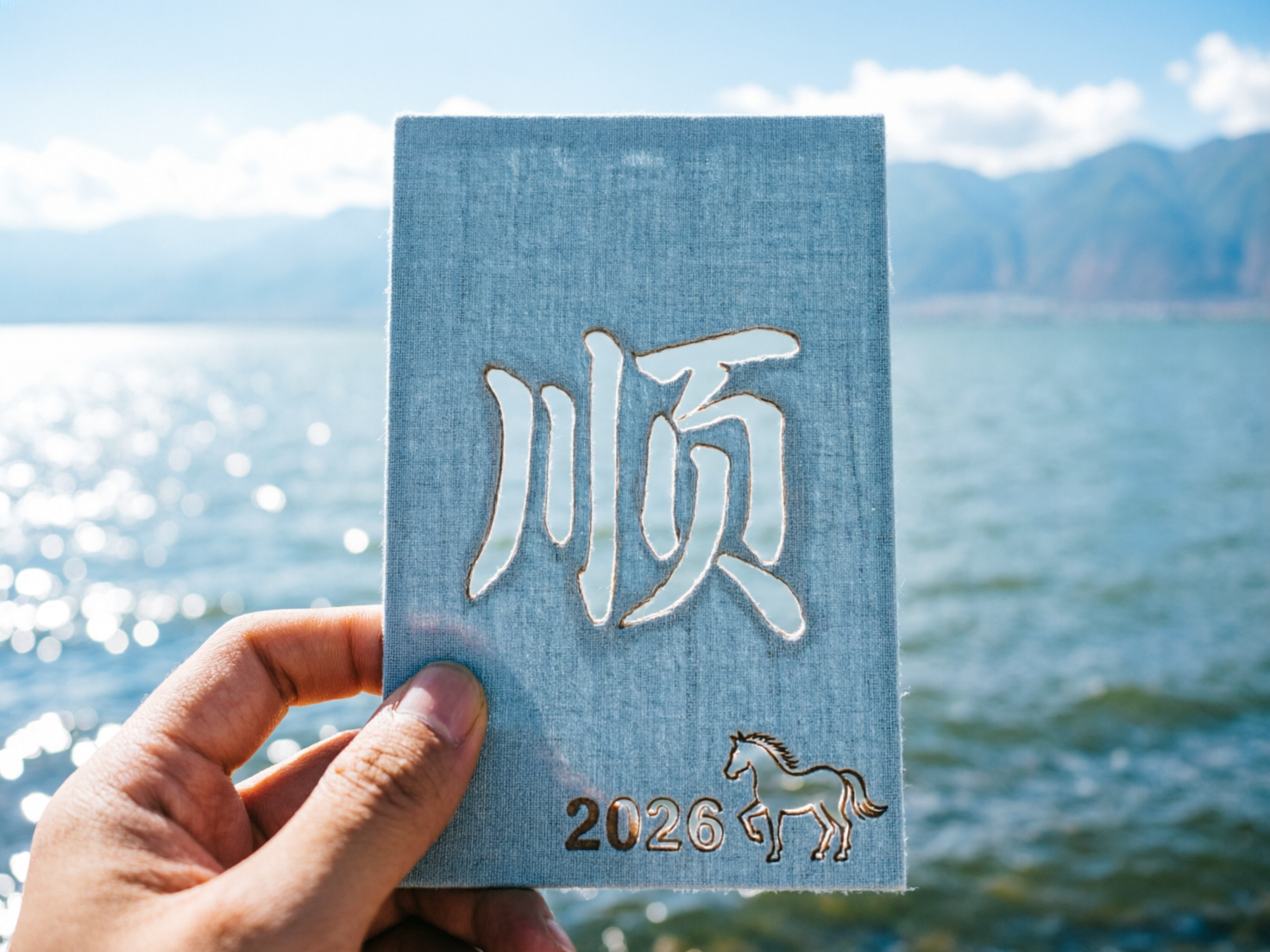 图中展示了一只左手拿着一张浅蓝色布质纹理的卡片，背景是波光粼粼的湖泊和远处的群山。卡片中心有一个巨大的镂空汉字“顺”，右下角刻有数字“2026”和一匹奔马的轮廓。阳光洒在水面上，形成闪烁的白色光斑，整体色调清新明亮，以蓝、白、灰为主。

画面中存在明显的 AI 生成缺陷：首先，手部结构严重畸形，大拇指异常粗大且指甲形状扭曲，食指与卡片的接触位置不自然，且手掌边缘的线条模糊。其次，镂空的汉字“顺”在笔画连接处显得生硬，缺乏真实的切割质感。最后，右下角的数字“2026”与马的图案在透视上略显平面，与卡片的布料纹理融合得不够自然，边缘有轻微的重影现象。