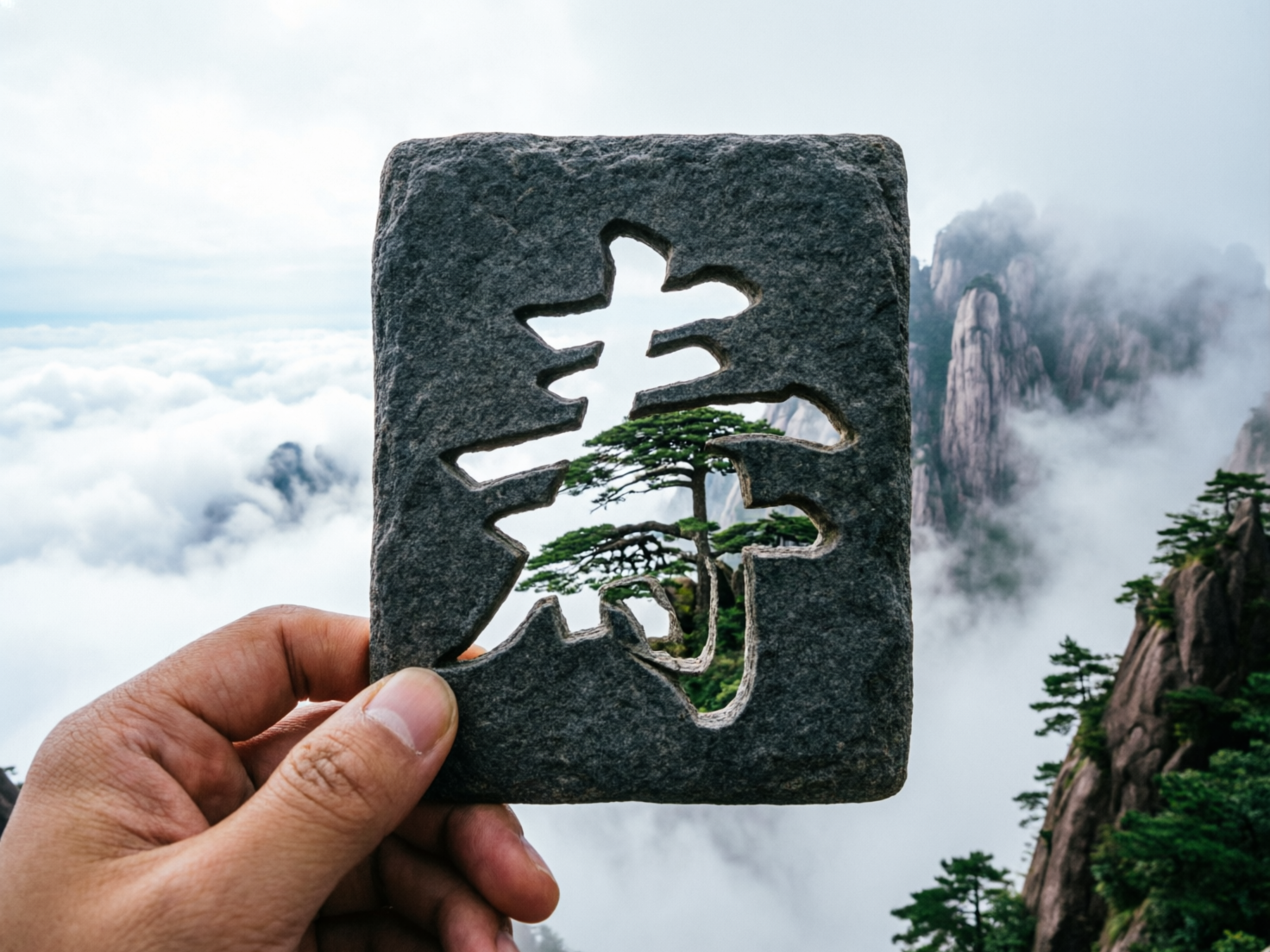 图中展示了一只左手拿着一块深灰色的方形石板，石板中心被镂空刻出了一个草书风格的“寿”字。通过这个镂空的字样，观众可以看到背景中壮丽的黄山云海奇观。一棵苍劲的迎客松恰好被框在“寿”字的中心位置，与远处的奇峰怪石和翻腾的白云交相辉映，构图巧妙，寓意长寿与自然共生。整体色调以石头的冷灰色、松树的翠绿和云海的洁白为主，光线柔和自然。

然而，画面中存在明显的 AI 生成缺陷：最显著的是左下角持物的手部，大拇指的指甲形状异常且边缘模糊，食指与石板接触的部位透视逻辑混乱，手指的关节褶皱显得不够自然。此外，石板右下角的镂空边缘与背景松树的衔接处略显生硬，缺乏真实的景深虚化效果，石材的纹理在某些边缘处也出现了不自然的拉伸感。