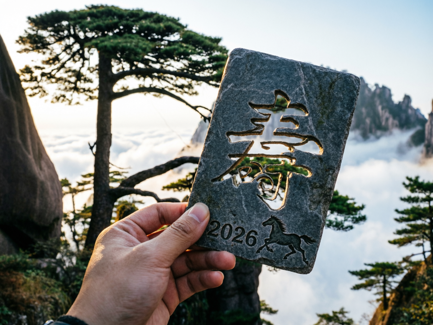 图中展示了一幅以黄山云海为背景的风景摄影作品。画面前景是一只肤色偏黄的手，正捏着一块长方形的灰色石板。石板中心镂空刻有一个复杂的繁体“寿”字，下方刻有数字“2026”和一匹奔马的剪影。背景中，一棵形态苍劲的迎客松矗立在左侧，远处是层峦叠嶂的山峰和洁白厚实的云海，阳光从侧后方射入，为山石和松针镀上了一层金边。

画面中存在明显的 AI 生成缺陷：首先，手部结构异常，大拇指的指甲形状不自然，且食指与中指的衔接处显得僵硬，缺乏真实的关节褶皱。其次，石板上的镂空“寿”字笔画逻辑混乱，部分线条断裂或交叠，并非真实的汉字书写结构。此外，石板边缘的透视与手指捏住的力度感不匹配，看起来像是漂浮在指尖。背景中的松树枝干在云雾交界处也显得有些模糊和不连贯。