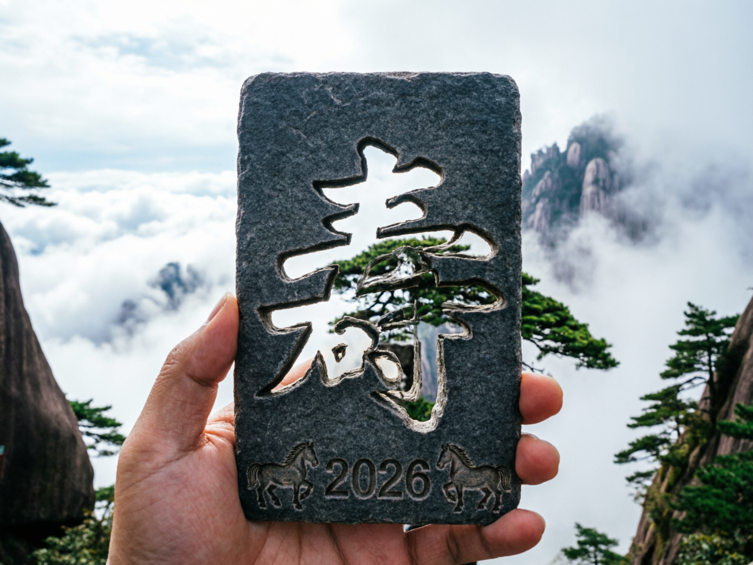 图中展示了一只左手托举着一块深灰色长方形石板，背景是壮丽的高山云海。石板中心被镂空刻出了一个巨大的汉字，形状接近“嘉”或“寿”的变体，透过镂空处可以看到远处的松树。石板底部刻有数字“2026”，两侧各有一匹马的浮雕。背景中，陡峭的山峰在浓厚的白云中若隐若现，点缀着翠绿的松树，整体色调清冷且具有中式意境。

画面存在明显的 AI 生成缺陷：首先，石板中心的镂空汉字结构混乱，并非标准的中文字符，笔画连接处显得生硬且不合逻辑。其次，托举石板的手部存在严重畸形，大拇指异常粗大且关节连接不自然，右侧露出的手指数量和位置也与常人手部结构不符。此外，石板底部的马匹浮雕细节模糊，线条凌乱。石板与背景的透视关系略显违和，仿佛是生硬地叠加在风景照之上。