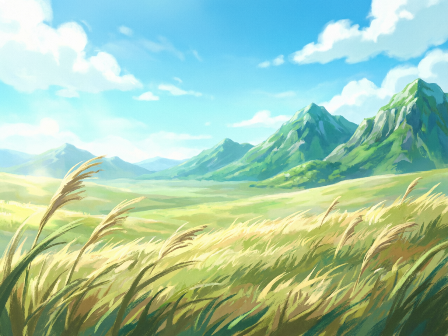 图中展现了一幅清新明亮的二次元手绘风格自然风景画。画面前景是茂密且随风摇曳的浅黄色草丛，笔触细腻，展现出一种轻盈的动感。中景是一片广阔平坦的淡绿色原野，一直延伸到远方。背景由连绵起伏的翠绿色山峦组成，山体线条硬朗，带有明显的阴影和光感。天空呈现出明净的浅蓝色，点缀着几朵洁白、松软的积云，整体色调以绿、黄、蓝为主，给人以宁静、开阔的视觉感受。在 AI 生成的细节方面，画面左侧前景的草叶笔触略显杂乱，部分线条在交汇处出现了不自然的融合，导致结构不够清晰。此外，远景山脉与天空交界处的边缘处理略显生硬，缺乏自然的空气透视感，使得山体看起来像是一层贴纸，略微影响了空间的深度表现。