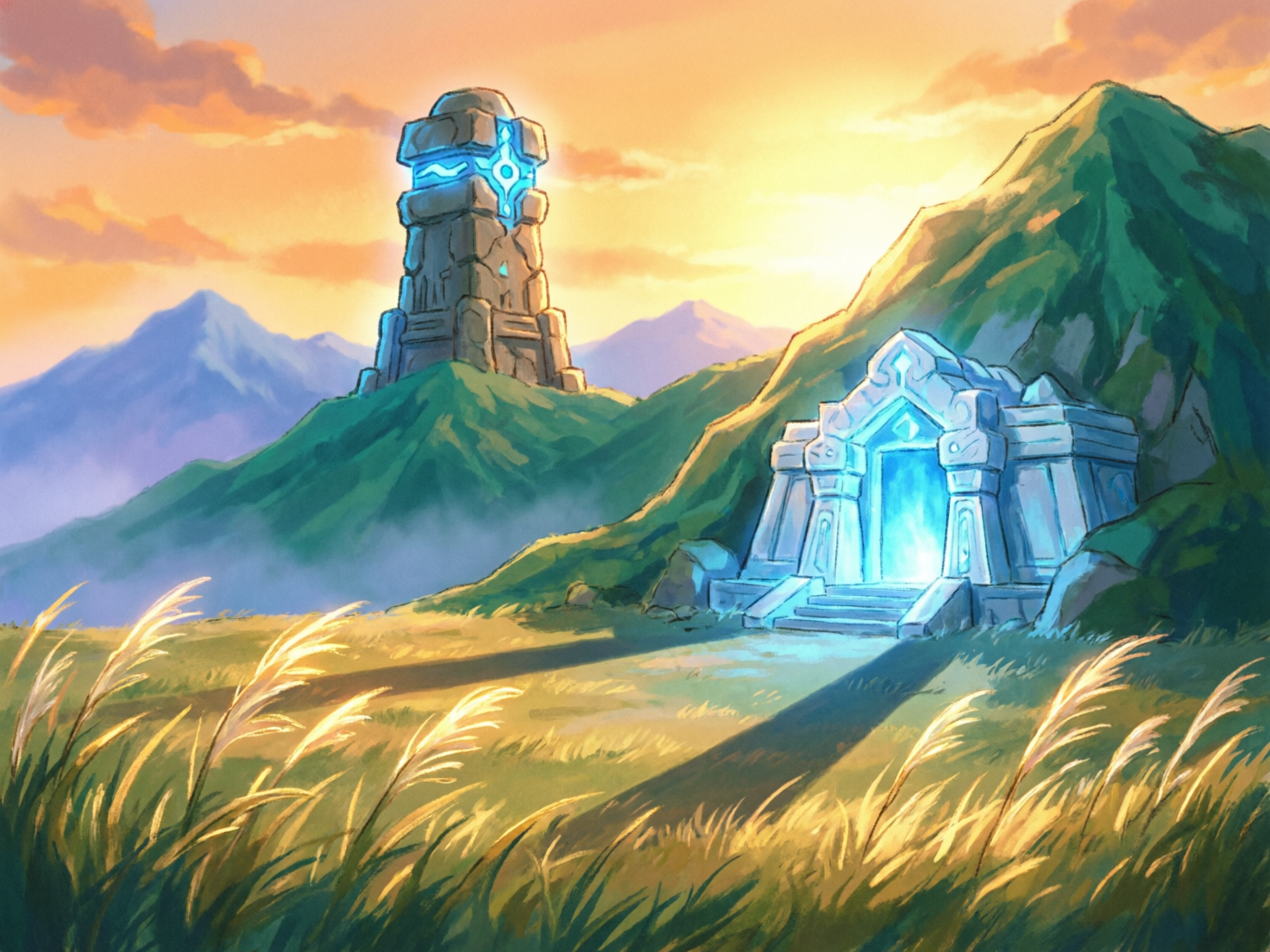 图中展现了一幅充满奇幻色彩的山间遗迹景观。画面背景是温暖的夕阳余晖，将天空染成了橙黄色，远处群山连绵，笼罩在淡淡的蓝紫色雾气中。近景是一片金黄色的草地，长长的芒草在风中摇曳。画面左侧的山岗上立着一座高耸的石塔，塔顶嵌有发着幽蓝光芒的神秘符文；右侧山脚下则是一座宏伟的石质神庙入口，门内散发出强烈的青蓝色光芒，在地面投下长长的阴影。整幅画采用手绘卡通风格，色彩对比鲜明。作为 AI 生成的图像，画面存在一些逻辑缺陷：神庙入口投射出的阴影方向与背景夕阳的光源方向不完全一致，显得有些突兀；此外，神庙建筑的左侧石柱线条略显模糊，与整体厚重的石质纹理不符，且草丛的笔触在阴影交界处显得有些破碎和不连贯。