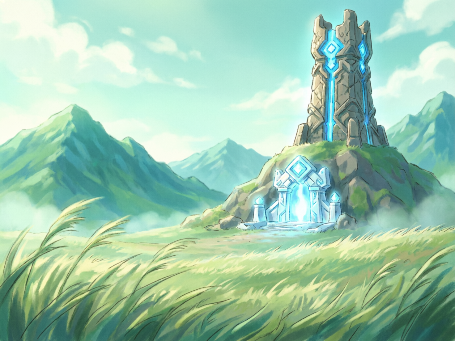 画面中呈现出一幅清新明亮的奇幻风格手绘插画。近景是随风摇曳的翠绿色长草，笔触柔和。中景的一座小山丘上矗立着一座宏伟的石质防御塔，塔身刻有发光的蓝色几何纹路，顶端散发着幽蓝的光芒。山丘下方嵌有一个发光的传送门或入口，同样闪烁着神圣的蓝光。远景是连绵起伏的淡绿色山脉，笼罩在薄薄的晨雾中，天空呈现出明净的浅蓝色，点缀着几朵白云。整体色调以绿、蓝、白为主，给人一种宁静而神秘的感觉。在 AI 生成的细节方面，可以观察到塔身的石块纹理分布略显不自然，部分蓝色光条的边缘与石材结合处存在透视上的细微扭曲，且左侧山脉的线条在云雾交界处显得有些模糊和逻辑断层，但这并不影响整体宏大的视觉构图。