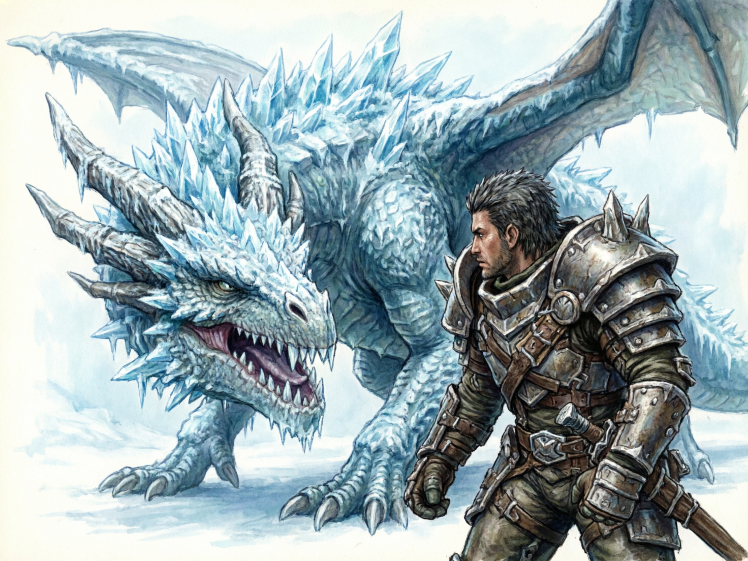 图中展现了一幅奇幻风格的水彩画，描绘了一位战士与一只巨大的冰霜巨龙对峙的场景。画面左侧是通体淡蓝色、覆盖着晶莹剔透冰晶刺的巨龙，它正张开长满利齿的嘴巴，眼神凌厉。右侧站立着一位身穿厚重金属铠甲、带有皮质绑带的战士，他留着深色短发和胡须，神情严峻地侧头注视着巨龙。背景是简洁的淡蓝色与白色，营造出寒冷的极地氛围。整体色调以冷蓝、银灰和古铜色为主，笔触细腻，具有浓厚的插画质感。

在 AI 生成的细节方面，存在一些明显的逻辑缺陷：战士右侧腰间的剑柄位置与下方的剑鞘完全脱节，看起来像是悬浮在空中；战士左手手套的指节结构略显生硬，缺乏自然的骨骼感；此外，巨龙背后的翅膀骨架与身体的连接处透视关系较为模糊，左侧翅膀的边缘呈现出不自然的断裂感。尽管如此，画面依然传达出强烈的紧张感。