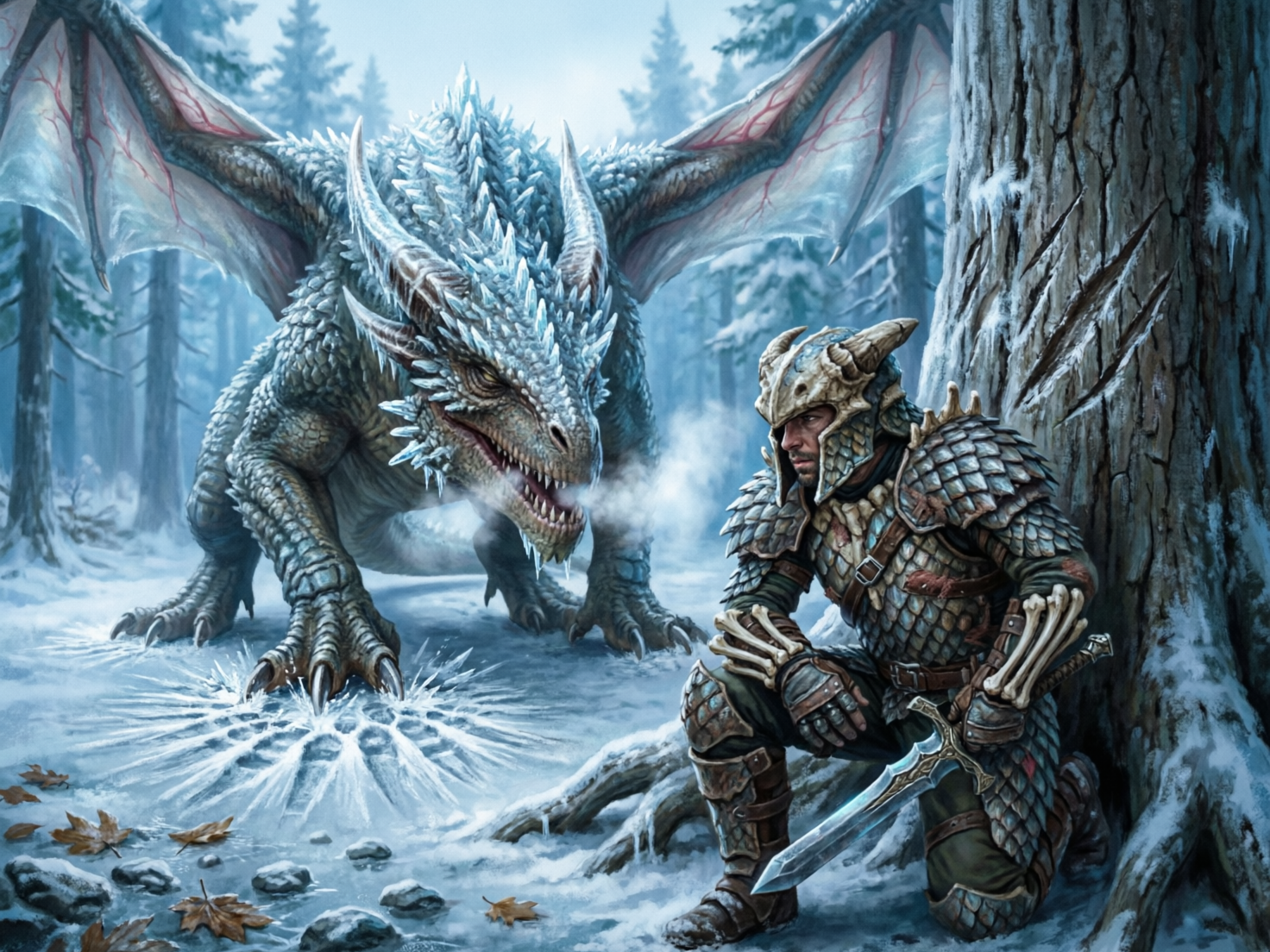 图中展现了一个充满奇幻色彩的雪地对峙场景。画面左侧是一头巨大的冰霜巨龙，它全身覆盖着淡蓝色和白色的尖锐鳞片，背部生有一对巨大的膜翼，翼膜上可见清晰的红色脉络。巨龙正低头向右侧喷出一股寒冷的白气，其利爪踏在冰面上，周围产生放射状的冰晶裂纹。画面右侧，一名身穿厚重龙鳞盔甲的战士正背靠着一棵粗壮的古树蹲伏，他手持一把短剑，神情凝重地注视着巨龙。背景是白雪皑皑的针叶林，整体色调以冷蓝色、白色和深褐色为主，营造出一种压抑而紧张的战斗氛围。

在 AI 生成的细节方面，存在一些明显的逻辑缺陷：战士右手握剑的姿势显得生硬且手指结构模糊；他左前臂上的骨质装饰物排列异常，与手臂的透视关系不符；此外，巨龙左侧翅膀与身体的连接处结构含混，且巨龙后肢的数量和位置在视觉上显得有些混乱，缺乏明确的解剖逻辑。