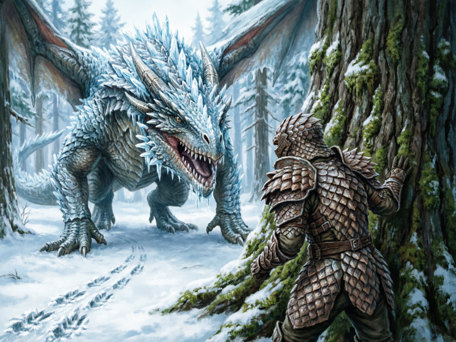 图中展现了一幅充满奇幻色彩的冬日对峙场景。画面左侧是一头巨大的冰霜巨龙，它全身覆盖着淡蓝色和白色的鳞片，背部和头部生有密集的冰晶状尖刺，正张开长满利齿的大嘴，神态威严。画面右侧背景处，一名穿着棕褐色鳞甲的战士背对着观众，正躲在一棵覆盖着苔藓和积雪的粗壮古树后，观察着巨龙。背景是白雪皑皑的针叶林，整体色调以冷蓝、纯白和深褐为主，构图呈现出一种紧张的压迫感。

在 AI 生成的细节方面，存在一些明显的逻辑缺陷：首先，巨龙的肢体结构较为混乱，其左前爪似乎直接从胸部位置长出，且脚趾的数量和分布不符合生物解剖逻辑；其次，战士扶着树干的右手手指显得模糊且扭曲，与树皮的融合处处理得不够自然；此外，雪地上的脚印痕迹显得杂乱，无法清晰对应巨龙或战士的行走路径，透视关系略显生硬。