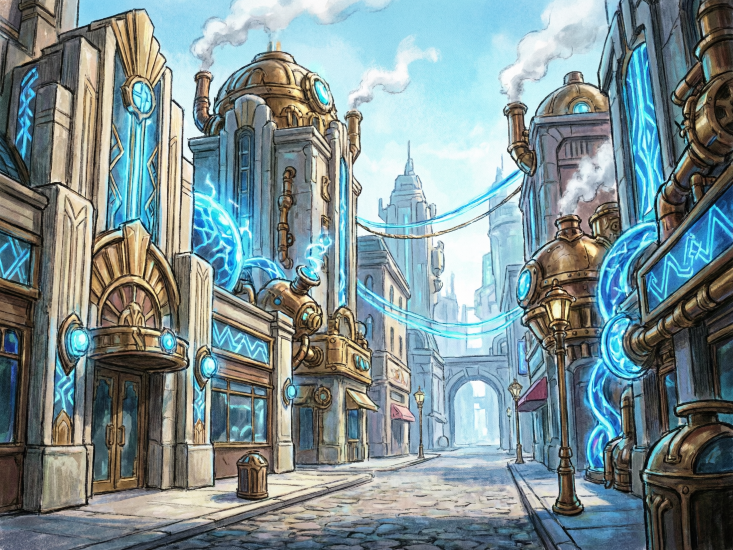图中展示了一幅融合了装饰艺术风格与蒸汽朋克元素的奇幻城市街道景观。画面采用手绘插画风格，色彩以复古的黄铜色、石灰色以及明亮的荧光蓝色为主。街道两旁矗立着宏伟的建筑，屋顶带有巨大的金属圆顶和冒着白烟的烟囱，外墙镶嵌着发散蓝色强光的能量管道和几何纹样，仿佛整座城市正由某种魔法或先进能源驱动。街道由鹅卵石铺就，延伸向远方的拱门，天空中悬挂着连接建筑的蓝色发光缆绳。画面构图具有强烈的透视感，营造出深邃的城市空间。

在 AI 生成的细节方面，存在一些明显的逻辑缺陷：画面右侧的蓝色能量球体与管道连接处结构模糊，呈现出不自然的扭曲；部分建筑的窗户和装饰线条在透视上并不一致，显得有些歪斜；街道远处的拱门内部细节缺失，呈现出一片模糊的亮光；此外，左侧建筑底部的垃圾桶状物体纹理杂乱，缺乏明确的结构定义。