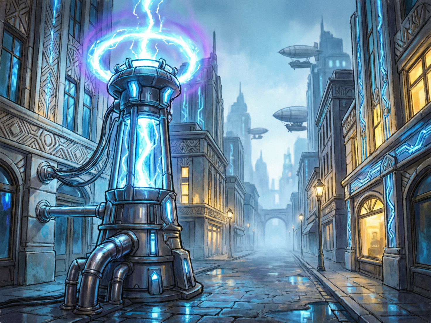 图中展现了一个充满蒸汽朋克与科幻色彩的虚构城市街道。画面左侧矗立着一座巨大的金属能量塔，塔身呈圆柱形，内部闪烁着耀眼的蓝色电光，顶部释放出一道垂直的闪电并环绕着一圈紫蓝色的能量光环。街道由青石板铺就，地面湿漉漉的，倒映着建筑和灯光。两旁是带有装饰艺术风格的高耸建筑，墙面嵌有发光的蓝色电路纹路。远处的雾气中隐约可见几艘飞艇在空中漂浮。整体色调以冷峻的灰蓝色为主，点缀着暖黄色的窗光和路灯，营造出一种神秘且工业感十足的氛围。

在 AI 生成的细节方面，存在一些逻辑缺陷：能量塔左侧连接建筑的管道走向杂乱，部分管道似乎凭空插入墙体或在转折处结构模糊；右侧街道的路灯分布不均，远近透视略显生硬；建筑表面的装饰纹样在放大观察时显得重复且缺乏具体的建筑结构合理性，部分窗户的形状也略有扭曲。