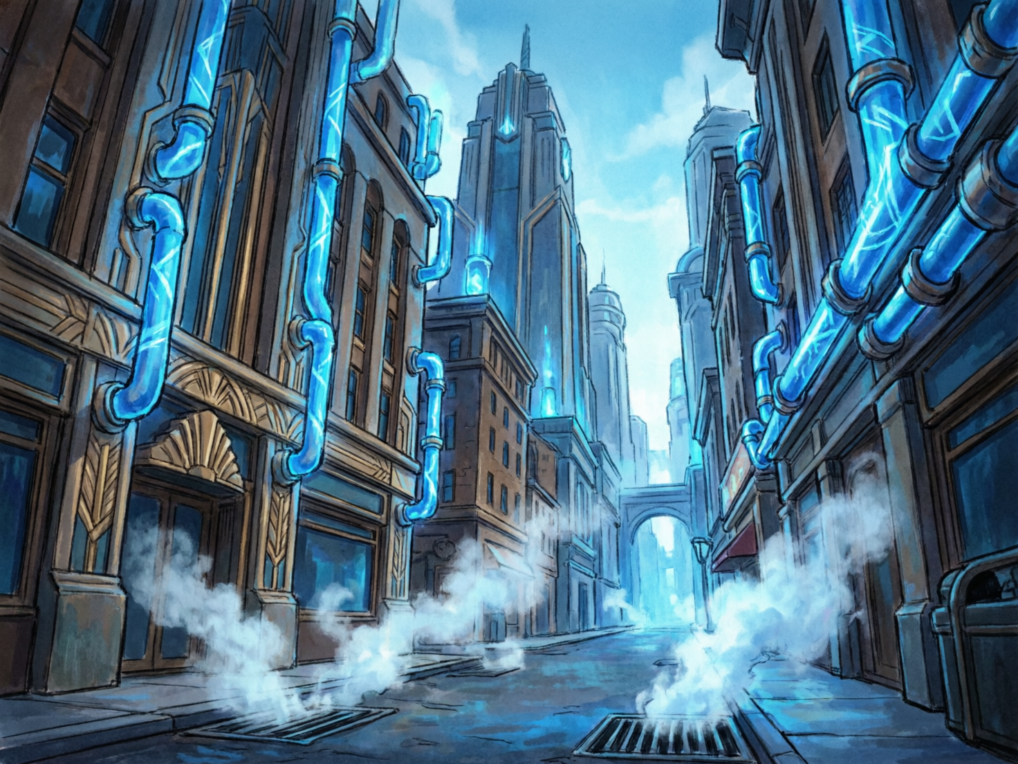 图中展现了一座融合了装饰艺术风格与科幻元素的未来城市街道。画面采用低角度透视，两侧是高耸的棕褐色石制建筑，街道尽头矗立着几座带有尖顶的摩天大楼。最引人注目的是建筑外墙上缠绕着大量粗壮的透明管道，管道内流淌着亮蓝色的能量电流，仿佛城市的血脉。地面上有多个排水口正冒出浓浓的白色蒸汽，营造出一种工业冷峻感。整体色调以深褐、灰蓝和明亮的荧光蓝为主，光影对比强烈。在 AI 生成的细节方面，存在明显的逻辑缺陷：左侧建筑上的蓝色管道连接方式非常混乱，部分管道直接穿入墙体或在空中突兀转折，缺乏合理的支撑结构；街道远处的拱门与建筑的透视关系略显模糊，且右侧建筑底部的阴影处理不够自然，显得有些漂浮。