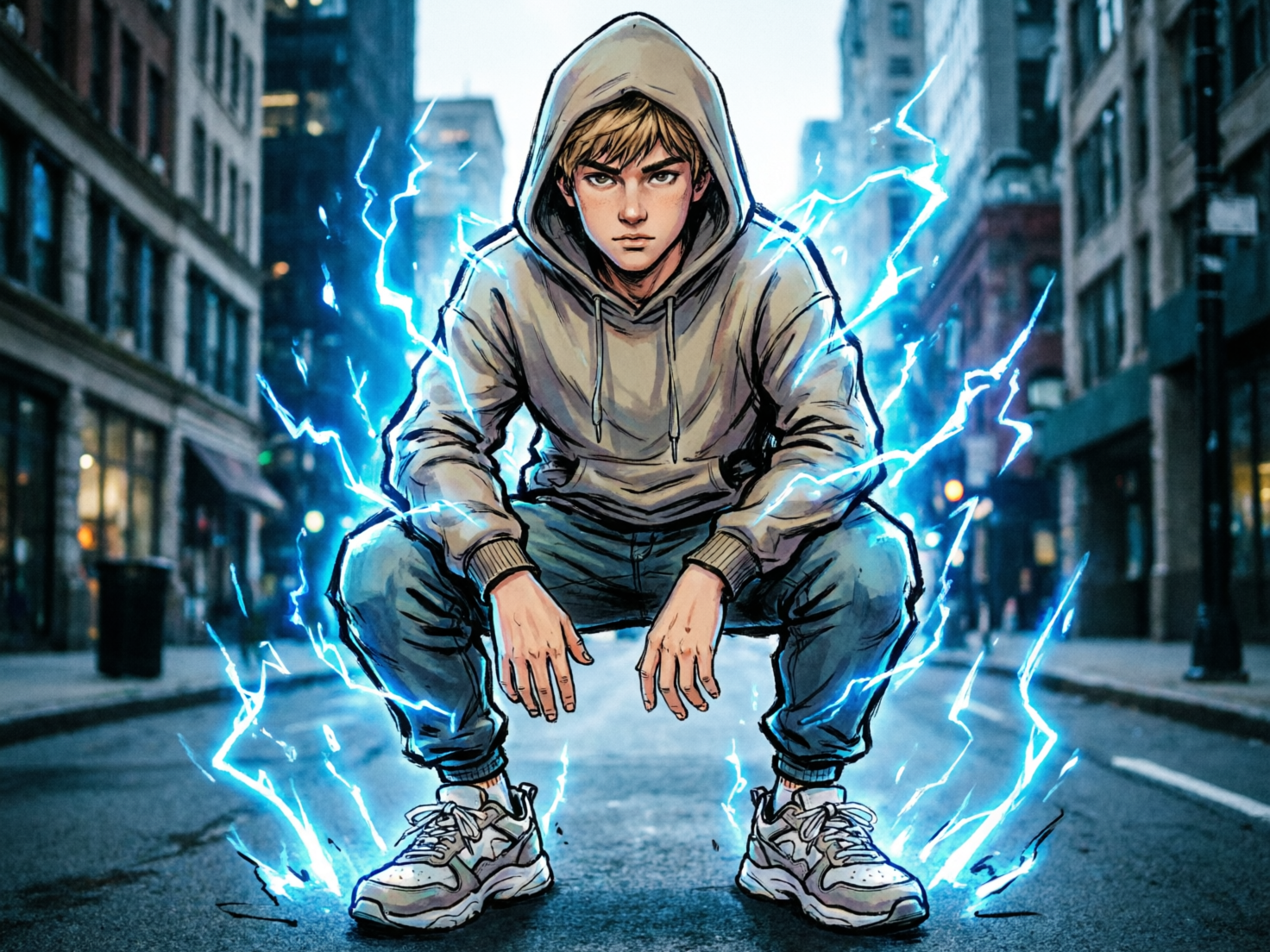 图中展现了一幅结合了美式漫画风格与写实背景的画面。一名金发少年身穿灰色连帽衫和深蓝色运动裤，正蹲在城市街道中央。他神情严肃，双眼直视前方，周身环绕着刺眼的蓝色闪电特效，仿佛正在释放某种超能力。背景是透视感极强的都市街道，两旁矗立着高耸的建筑，色调偏冷且带有模糊处理，突出了中心人物。

在 AI 生成细节方面，画面存在明显的逻辑缺陷：最显著的是少年的手部，他的右手（画面左侧）手指数量异常，且指节连接处模糊不清，呈现出扭曲的形态；左手的手指也显得过长且比例失调。此外，少年的双脚虽然穿着运动鞋，但脚踝与腿部的连接处透视关系生硬，右脚的鞋带部分线条杂乱。环绕身体的蓝色电光虽然增加了动感，但部分线条与人物边缘的融合显得不够自然，带有明显的后期叠加感。