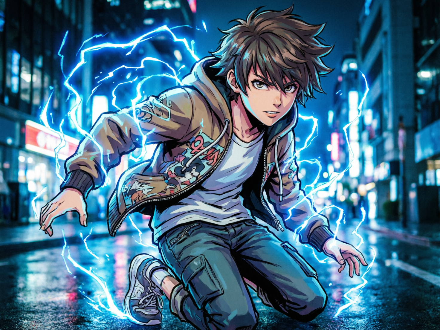 图中展现了一位具有动漫风格的年轻少年，他正处于繁华城市街道的中心。少年留着棕色乱发，眼神坚定，身穿一件带图案的棕色连帽外套、白色内搭和深色工装裤。他正做出一个充满动感的半蹲姿势，身体周围环绕着耀眼的蓝色闪电特效，仿佛正在释放某种超自然力量。背景是夜晚的城市街道，霓虹灯光在湿漉漉的地面上形成斑斓的反光，整体色调以冷蓝色和深棕色为主，营造出一种紧张的战斗氛围。

在 AI 生成的细节方面，画面存在明显的逻辑缺陷：少年的右手（画面左侧）手指长度比例失调，且指尖形状模糊；左手（画面右侧）的手指数量和关节连接显得生硬且不自然。此外，他右脚的运动鞋与腿部的连接角度存在透视异常，看起来像是直接贴在小腿侧面，而非正常的脚踝连接。外套上的图案也呈现出无意义的色块堆叠，缺乏明确的图形逻辑。