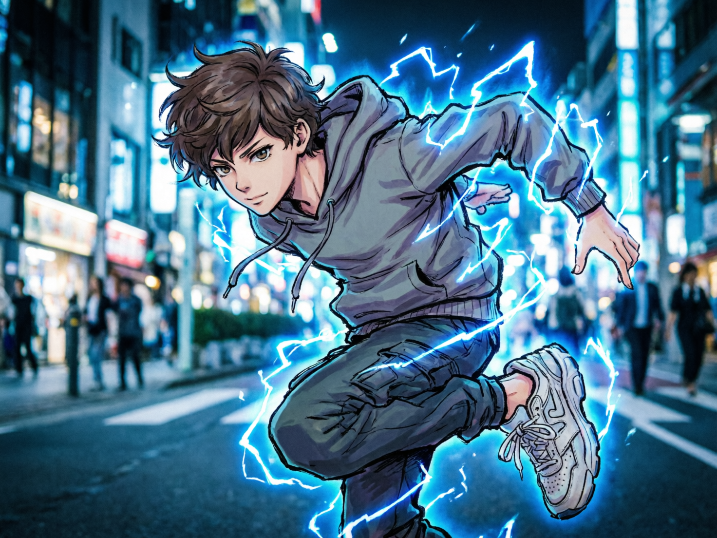 画面中展现了一幅融合了动漫风格与写实背景的艺术作品。一名棕色乱发的少年正处于极速奔跑的姿态，他身穿灰色连帽衫和深色工装裤，脚蹬白色运动鞋。少年的身体周围环绕着明亮的蓝色闪电特效，仿佛拥有超能力。背景是夜晚繁华的都市街道，霓虹灯光虚化成斑斓的点点蓝光，路边还有模糊的行人身影。构图上，少年占据画面中心，动态感十足。然而，画面存在明显的 AI 生成缺陷：少年伸向身体后方的右手结构严重畸形，手指数量异常且扭曲，与手臂的连接逻辑混乱；同时，他抬起的左脚运动鞋细节模糊，鞋带与鞋身的结构显得生硬且不合理。此外，少年左侧腰间多出了一截意义不明的肢体线条，破坏了人体结构的连贯性。