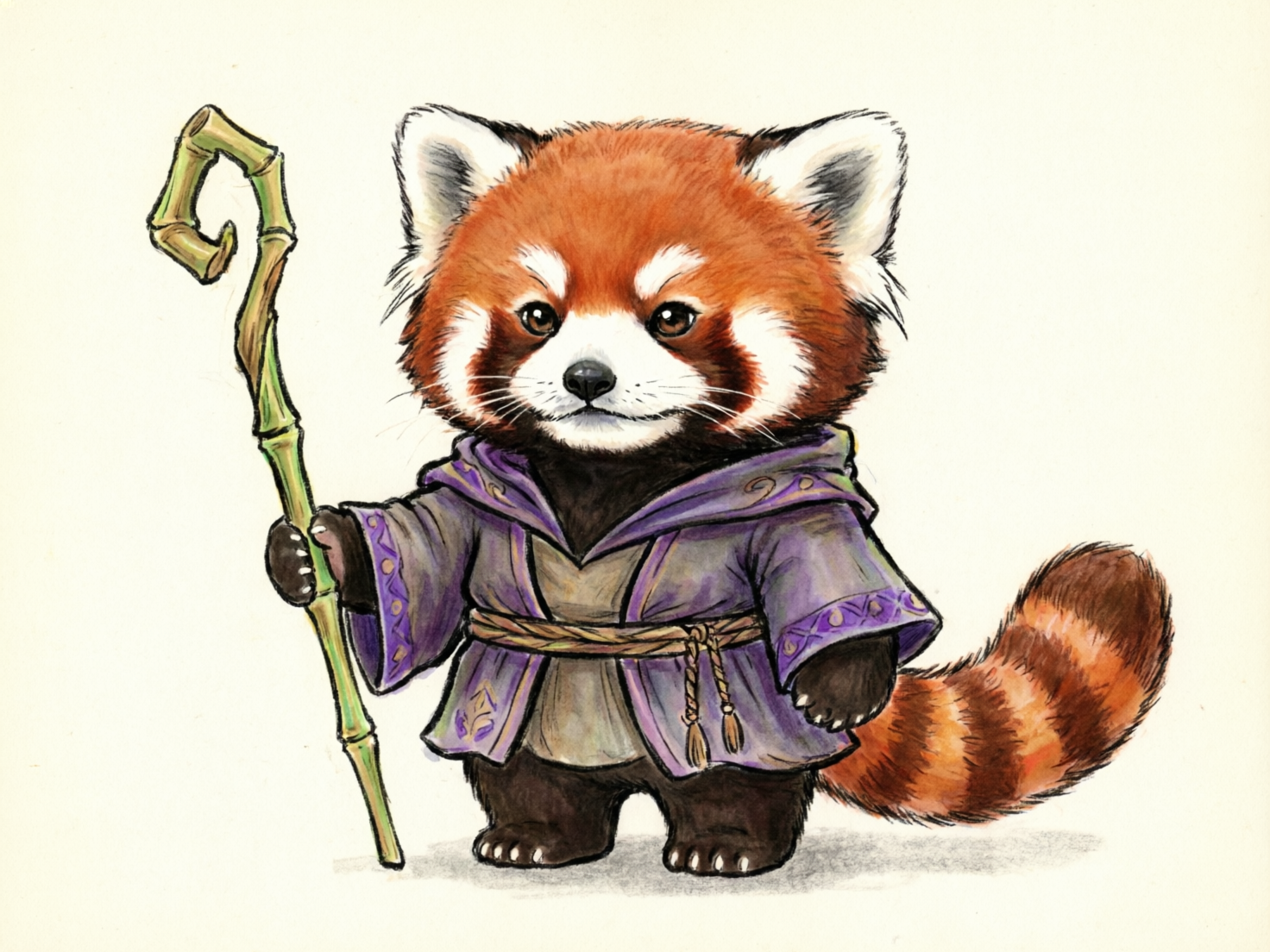 图中展示了一只拟人化的小熊猫，它被描绘成一位智者或法师的形象。这只小熊猫拥有标志性的红褐色毛发、白色的眉斑和口鼻部，以及一条带有环状花纹的蓬松大尾巴。它身穿一件精致的紫色长袍，边缘装饰着金色的花纹，腰间系着一根带有流苏的麻绳腰带。它右手握着一根由青绿色竹节制成的法杖，法杖顶端自然弯曲。整幅画采用手绘插画风格，背景为纯净的米白色，光影柔和。在 AI 生成的细节方面，存在一些明显的逻辑缺陷：小熊猫握住法杖的右手并没有清晰的手指结构，看起来更像是一个模糊的黑色圆球直接贴在竹竿上；左手则完全缩在袖口内，缺乏结构感。此外，法杖顶端的弯曲形状略显生硬，不符合自然生长规律，且脚趾的勾勒分布也显得不够自然。