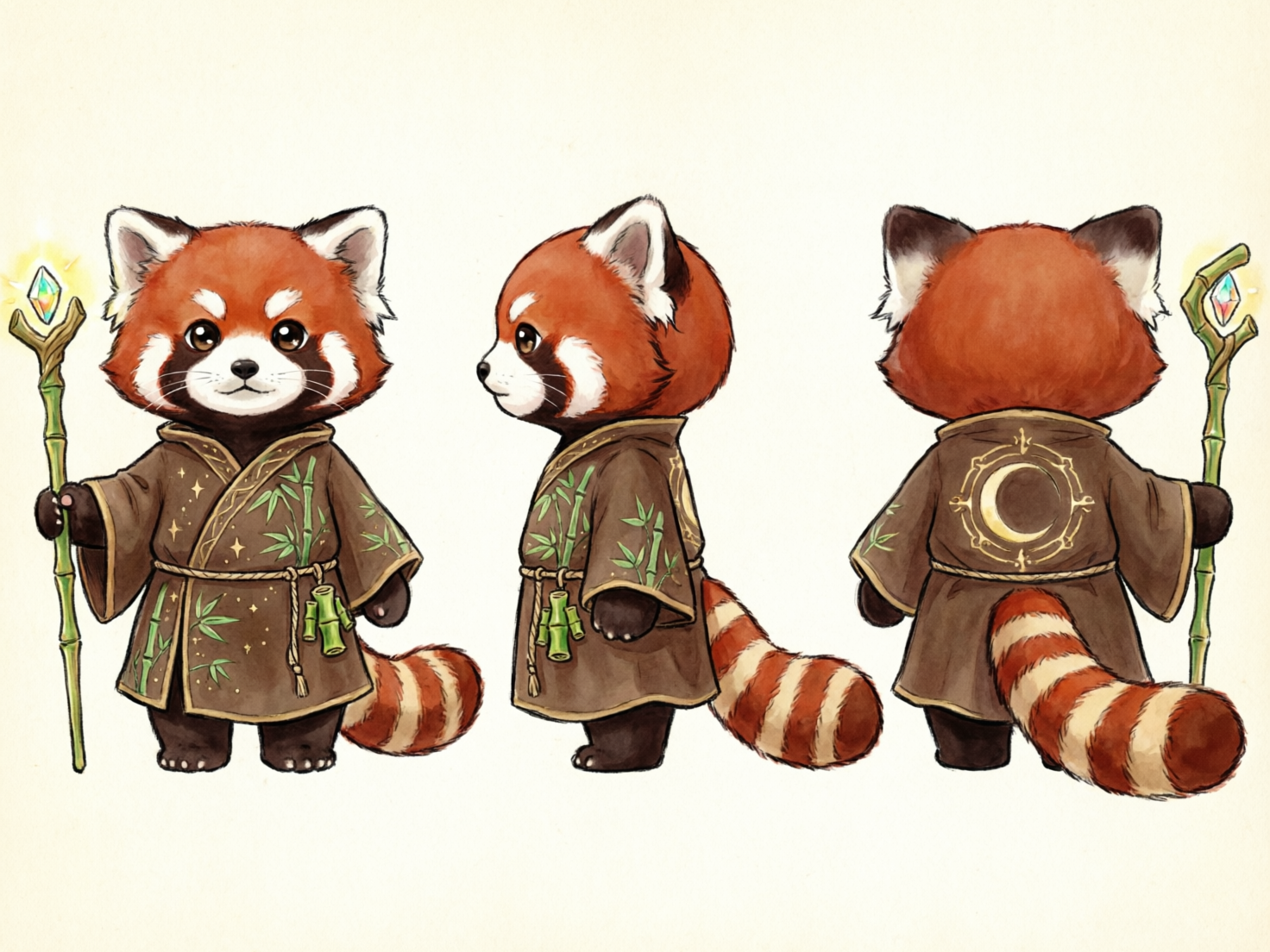 图中展示了一只可爱的小熊猫法师的角色设定图，采用了柔和的水彩手绘风格。画面在米白色背景上从左至右呈现了该角色的正面、侧面和背面三个视角。这只小熊猫拥有红褐色的毛发、圆滚滚的脑袋和标志性的环状花纹大尾巴。它身穿一件深褐色的交领长袍，袍子上绣有绿色的竹子图案和金色的星辰，腰间系着草绳，并挂着竹筒装饰。背面视角显示长袍后心处有一个金色的月亮图腾。角色手中握着一根由青竹制成的法杖，顶端镶嵌着一颗发光的彩色晶石。

在 AI 生成的细节方面，存在一些明显的逻辑缺陷：正面视角中小熊猫的右手（画面左侧）五指结构模糊，且法杖似乎是悬浮在手掌边缘而非被紧握；侧面视角中，角色的手臂与身体的连接处透视略显生硬；背面视角中，法杖的顶端晶石形状与正面不完全一致，且角色左手握持法杖的位置与正面并不对称。此外，长袍上的竹子纹样在三个视角间的分布也缺乏严格的对应关系。