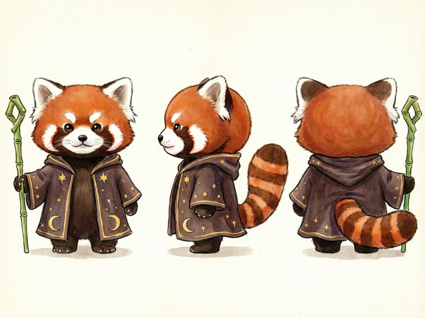 图中展示了一只可爱的小熊猫法师的角色设定图，采用水彩手绘风格，背景为纯净的米白色。画面从左至右分别呈现了该角色的正面、侧面和背面三个视角。这只小熊猫拥有红褐色的毛发、圆滚滚的脑袋和标志性的环纹大尾巴，它穿着一件深紫色的连帽法师袍，袍子上点缀着金色的星星和月亮图案。在正面和背面视角中，它手持一根翠绿色的竹节法杖。

画面中存在一些明显的 AI 生成缺陷：首先是法杖的逻辑不一致，正面视角中法杖在右侧，而背面视角中法杖却出现在了左侧，且法杖顶端的形状在不同视角下发生了变化；其次是手部处理模糊，正面视角抓握法杖的手指结构不清晰；此外，侧面视角中小熊猫的尾巴连接处显得有些生硬，与身体的透视关系略显违和。尽管如此，整体画风依然保持了温馨治愈的视觉感受。