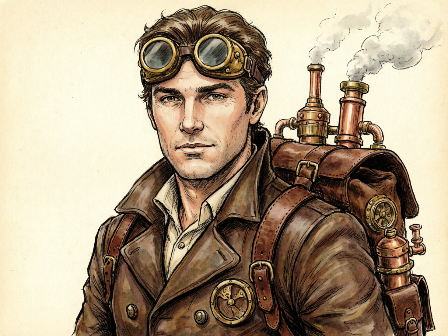 画面中是一幅具有蒸汽朋克风格的男性半身肖像画，采用复古的钢笔淡彩手绘风格。图中男子面容英俊，神情坚毅，留着棕色短发，额头上架着一副黄铜质感的防风护目镜。他穿着一件棕色皮革外套，内搭浅色衬衫，胸前装饰着精密的金属齿轮徽章。他的背上背着一个复杂的皮革背包，背包上方延伸出两根正在冒着白烟的铜质烟囱管，充满了工业时代的机械感。背景是简洁的米白色旧纸张质感，使主体人物更加突出。在 AI 生成的细节方面，可以观察到一些逻辑缺陷：男子右肩处的背包背带与衣服的衔接显得有些生硬，且背包上方的金属管道结构在透视和连接逻辑上略显混乱，部分细小的管道似乎凭空出现或消失，缺乏明确的物理支撑结构。