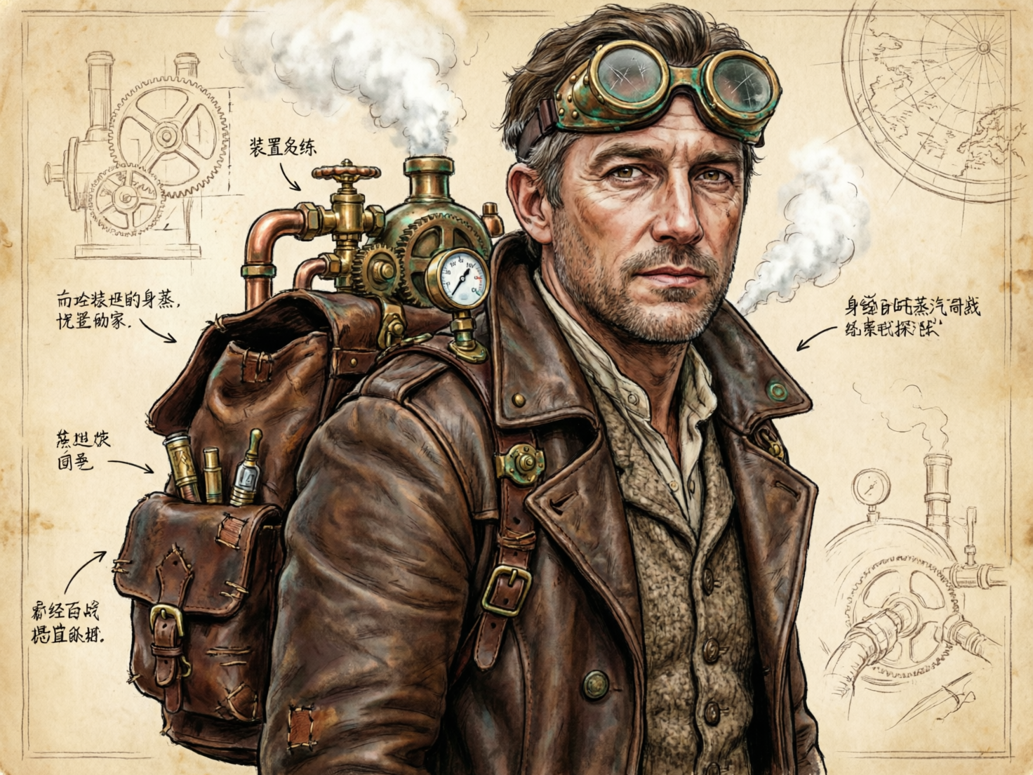 画面中呈现了一幅具有蒸汽朋克风格的人物设计草图，背景是泛黄的复古羊皮纸，点缀着机械齿轮和地图的线稿。主角是一位中年男性冒险家，他面容深邃，留着胡茬，头顶戴着一副带有铜锈绿色的防风护目镜。他身穿棕色皮质大衣和粗花呢背心，背着一个巨大的皮革背包，包上连接着复杂的黄铜蒸汽装置，正冒出白色烟雾。画面中分布着多处手写体标注，试图营造设计说明的氛围。然而，作为 AI 生成的图片，画面存在明显的逻辑缺陷：最显著的是文字部分，虽然笔画模仿了汉字，但全是无法辨认的乱码，没有任何实际含义。此外，背景左侧的齿轮线稿透视混乱，与背包连接的金属管道结构在空间上显得生硬且不合常理，部分烟雾的升腾方向与排气口位置衔接得不够自然。整体色调以棕、古铜和米色为主，充满了怀旧的工业幻想色彩。