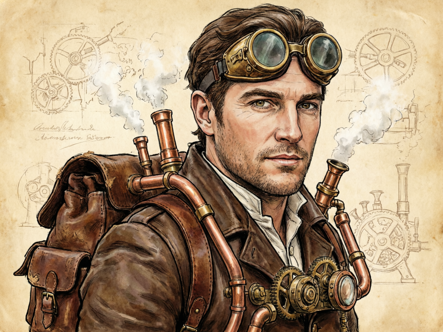图中展现了一幅具有蒸汽朋克风格的人物肖像画，背景是泛黄的旧纸张纹理，上面绘有模糊的机械齿轮草图。画面中心是一位面容坚毅的中年男性，他留着深褐色短发和胡茬，额头上戴着一副黄铜质感的防风护目镜。他身穿棕色皮夹克和白色衬衫，背着一个沉重的皮革背包，背包上连接着复杂的黄铜管道系统，几根排气管正冒出白色的蒸汽。在男性的胸前，还悬挂着由齿轮和透镜组成的精密机械装置。整幅画采用复古的钢笔淡彩风格，色调以棕、金、米色为主。画面中存在明显的 AI 生成缺陷：背景左侧的文字笔画杂乱，无法辨认，纯属乱码；人物胸前的齿轮结构逻辑混乱，相互咬合的关系不符合物理常识；此外，右侧排气管冒出的蒸汽与管口的衔接处显得生硬，缺乏自然的透视感。
