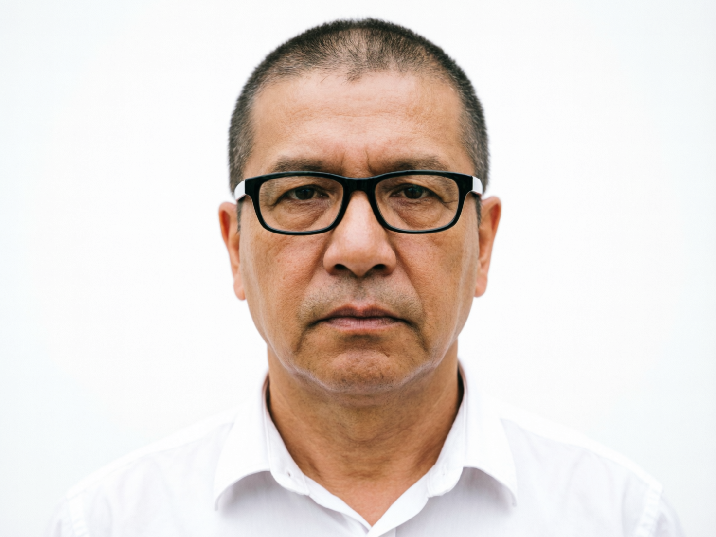图中展示了一位中年东亚男性的正面半身特写。他留着极短的灰黑色寸头，面部表情严肃且略显疲惫，眼神直视前方。他戴着一副粗黑框眼镜，身穿一件整洁的白色翻领衬衫。背景是纯净的白色，构图类似于证件照，光线均匀地打在面部，突显了皮肤上的皱纹、斑点和胡茬等细节，整体色调自然。

然而，画面中存在明显的 AI 生成缺陷：最显著的是眼镜结构异常，左侧（观察者视角右侧）的眼镜腿缺失，没有连接到耳朵上，而是凭空消失在鬓角处；此外，双眼的瞳孔形状不规则，眼神略显空洞；衬衫领口的左右剪裁并不完全对称，右侧领尖的线条略显生硬。这些细节揭示了图像并非真实摄影作品。
