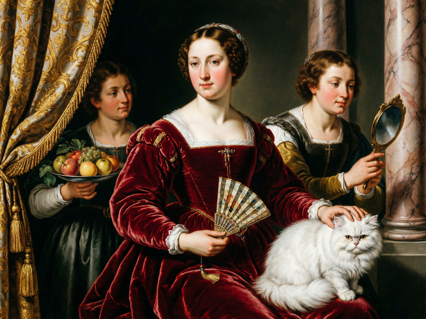 图中展示了一幅模仿古典主义风格的油画。画面中心是一位端庄的贵妇，她身着华丽的深红色丝绒长裙，领口点缀着白色蕾丝，右手握着一把折扇，左手轻抚着膝上的一只白色长毛猫。她的左右两侧各站着一名侍女：左侧侍女捧着一盘色彩鲜艳的水果，右侧侍女则手持一面精致的圆镜。背景由厚重的金色提花窗帘和两根大理石柱构成，色调深沉且富有质感。

画面中存在明显的 AI 生成缺陷：首先，贵妇抚摸猫的左手手指比例失调，指尖与猫头的接触显得僵硬且不自然；其次，右侧侍女手持镜子的姿势存在透视错误，她的手指与镜柄的衔接处结构混乱，且镜面反射的内容模糊不清。此外，猫的后肢与贵妇裙摆的融合处缺乏合理的阴影过渡，显得有些漂浮。尽管光影渲染精美，但这些细节处的逻辑错误揭示了其人工智能生成的本质。
