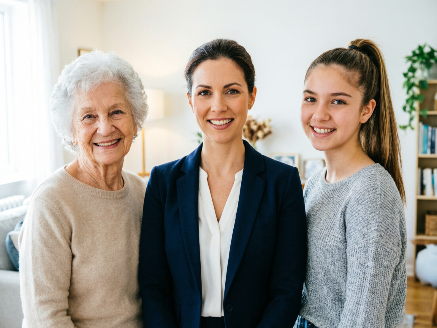 图中展示了三位不同年龄段的女性并排站立，展现出一种祖孙三代的温馨合影氛围。画面中心是一位中年女性，留着深色盘发，身穿深蓝色西装外套内搭白色衬衫，笑容端庄；左侧是一位白发苍苍的老年女性，穿着米色针织衫，面带慈祥的微笑，皮肤纹理清晰；右侧是一位年轻女孩，扎着高马尾，穿着灰色毛衣，神情活泼。背景是一个明亮的居家环境，可以看到模糊的窗帘、绿植和书架，色调温暖柔和。在 AI 生成缺陷方面，仔细观察可以发现，中间女性的右侧肩膀处与背景的衔接略显生硬，且最右侧女孩的马尾辫发丝边缘存在不自然的模糊感，书架上的书籍细节也呈现出 AI 特有的扭曲和色块化，缺乏真实的纹理。总体而言，这是一张构图均衡、光影自然的模拟家庭合照。