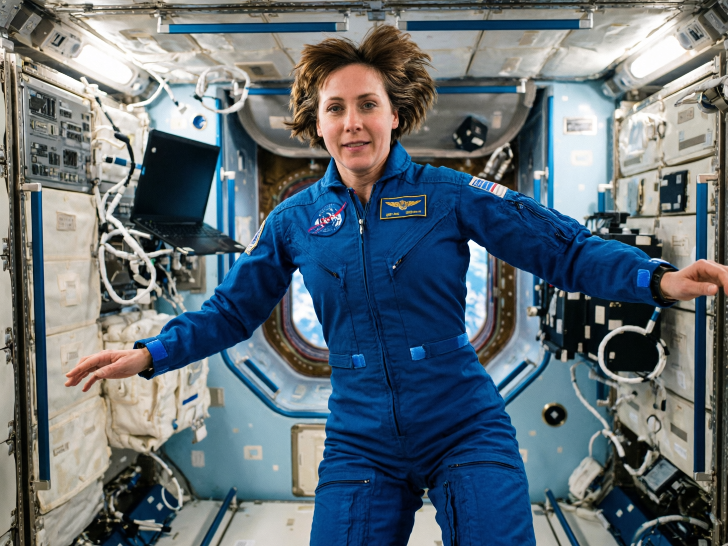画面中展示了一位身穿深蓝色连体宇航服的中年女性宇航员，她正身处充满科技感的国际空间站内部。她留着棕色短发，头发因失重环境而向上蓬松散开。宇航服上贴有类似 NASA 的标志和金色徽章，背景是布满电线、仪器面板和笔记本电脑的狭窄舱室，正后方的圆形舷窗透出地球大气的蓝色光芒。

然而，画面中存在明显的 AI 生成缺陷：最突出的是宇航员的双手，左手手指比例失调且扭曲，右手手指则显得模糊并呈现出不自然的弯曲状态。此外，宇航服上的文字和徽章细节模糊不清，无法辨认具体字母。背景中的笔记本电脑悬浮角度与周围支架的连接逻辑不符，舱壁上的线路分布也显得杂乱且缺乏实际的工程结构合理性。