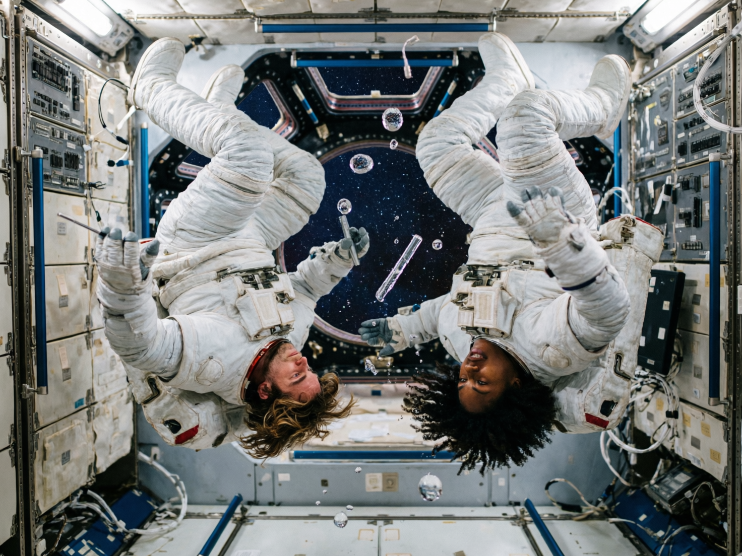 图中展示了国际空间站内部的奇幻场景，两名宇航员正处于失重状态，身体呈倒挂姿态悬浮在舱内。左侧是一位浅色头发的男性，右侧是一位拥有深色卷发的女性，他们身穿白色的舱外航天服，但并未佩戴头盔。画面中央漂浮着晶莹的水珠和一些实验器材，背景是一个巨大的圆形观测窗，透出深邃的星空。舱室两侧布满了复杂的控制面板、电缆和储物柜，整体色调以白色和金属灰为主。

作为一张 AI 生成的图片，画面中存在多处明显的逻辑与解剖缺陷：最显著的是宇航员的手部，左侧男性的手指数量异常且扭曲，右侧女性的手套结构模糊，手指显得短粗且不自然。此外，航天服的结构细节显得杂乱，部分电缆在空间中凭空消失或连接逻辑错误。背景窗户外的星空分布过于均匀，缺乏真实的天体透视感，整体构图虽具视觉冲击力，但在科学细节上存在明显的人工合成痕迹。