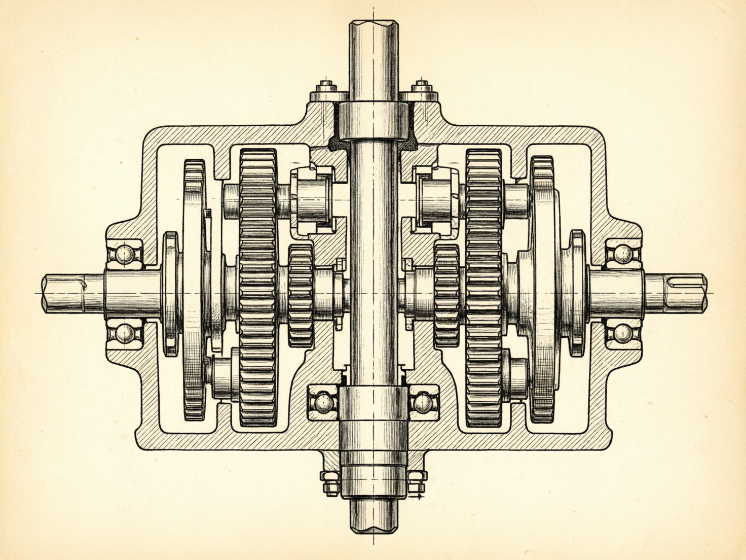 图中展示了一幅模拟复古风格的机械结构剖视图，整体呈现出类似旧报纸或羊皮纸的淡黄色调。画面中心是一个复杂的齿轮传动系统，包含多组大小不一的齿轮、传动轴和滚珠轴承，线条采用精细的黑色素描笔触，带有工业制图的严谨感。构图呈左右对称分布，外层有一个厚实的金属外壳剖面，内部零件交错排列，展现了精密的机械美学。

然而，作为一张 AI 生成的图片，画面中存在明显的逻辑和透视缺陷。首先，齿轮之间的啮合关系非常混乱，许多齿轮的轮齿在交汇处模糊不清，甚至直接穿插重叠，无法实现真实的物理转动。其次，中间垂直长轴底部的轴承结构不对称，左侧的滚珠明显比右侧大，且轴承座的线条出现了断裂。此外，部分细小零件的透视角度不统一，阴影排线在一些转折处显得随意且不符合光源逻辑，使其仅具备视觉上的装饰性，而非实际的工程参考价值。