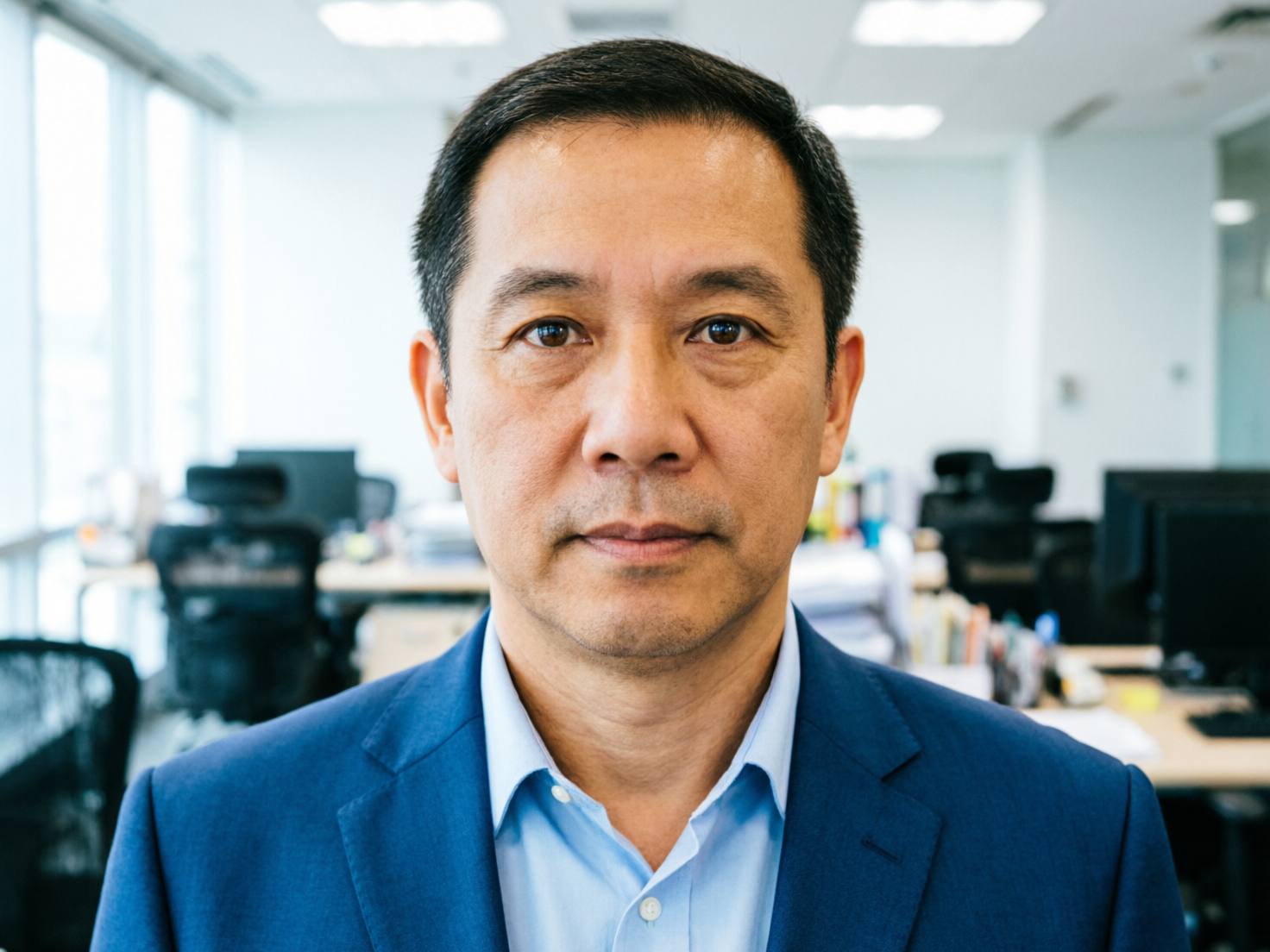 图中展示了一位中年亚洲男性的正面近景肖像。他留着整洁的黑色短发，面部表情严肃且沉稳，眼神直视镜头。他穿着一件深蓝色的西装外套，内搭浅蓝色的翻领衬衫，整体呈现出一种职场专业人士的形象。背景是一个明亮的现代化办公室，可以看到模糊的办公桌、电脑显示器、人体工学椅以及大面积的落地窗，光线均匀地洒在人物脸上，皮肤纹理清晰可见。

在 AI 生成的细节方面，画面存在一些明显的逻辑缺陷：首先，男子的左肩（画面右侧）线条显得有些生硬，西装领口的缝线细节略显模糊。最明显的异常在于背景，左侧窗户边缘的透视关系与室内结构衔接不够自然，且背景中办公桌上的物品呈现出一种不规则的堆叠感，缺乏真实物体的结构清晰度。此外，人物双眼的瞳孔反光略显不对称，带有典型的 AI 合成痕迹。