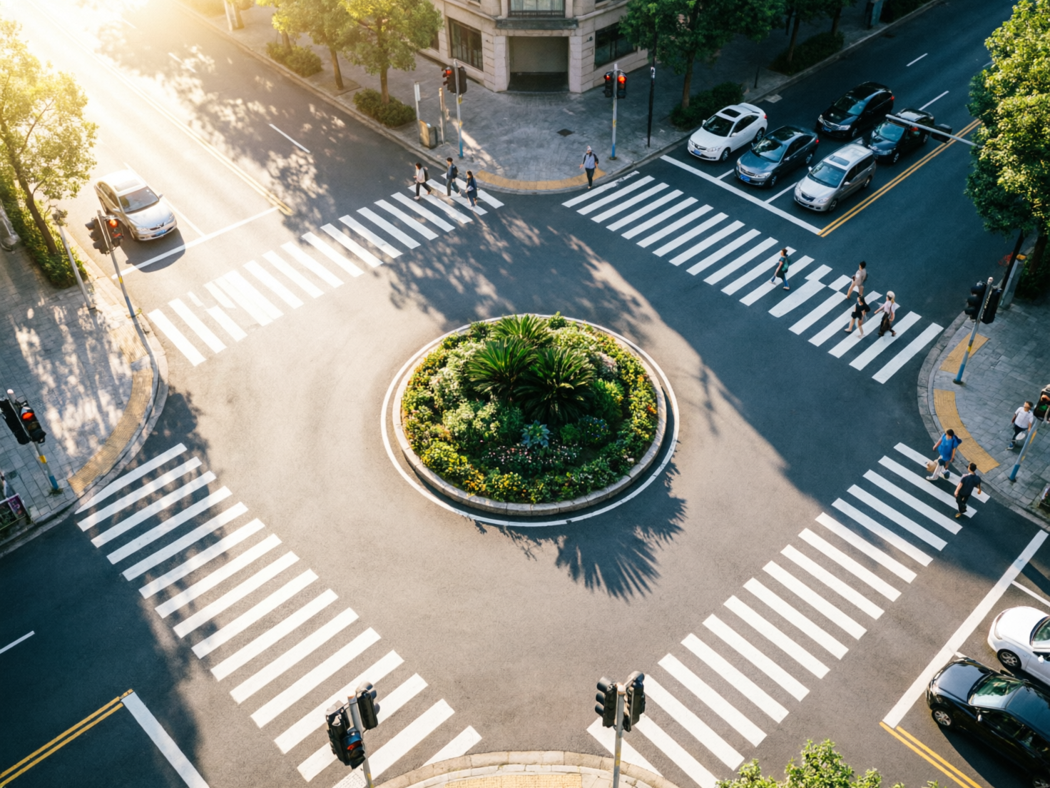 图中展示了一个从高空俯瞰的城市十字路口。画面中心是一个圆形的绿化花坛，种满了茂密的绿色植物。四条宽阔的柏油马路汇聚于此，每条路上都画有醒目的白色斑马线，几名行人正穿行其间。阳光从左上方斜射入画面，投下长长的树影和建筑阴影，营造出清晨或傍晚的氛围。街道两旁停放着几辆轿车，色调以白、黑、蓝为主。

然而，画面中存在明显的 AI 生成缺陷：最显著的是交通逻辑的混乱，斑马线直接指向圆环中心，而非连接人行道，且部分斑马线的条纹分布极不均匀，长短不一。画面左下角的红绿灯杆悬浮在路面上，没有根基；右侧斑马线上的行人比例与车辆相比显得过大，且部分行人的腿部线条模糊。此外，马路上的黄色实线在路口处戛然而止，缺乏合理的交通导向逻辑，整体构图虽美观但经不起细节推敲。