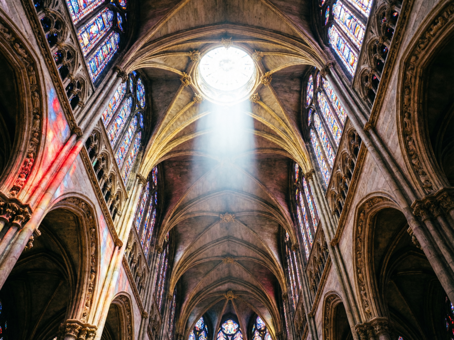 画面中展现了一座宏伟的哥特式大教堂内部，视角由下往上仰望，强调了建筑的高耸与神圣感。画面中心是一个圆形的穹顶天窗，一束明亮的白色神圣光芒从窗中垂直洒下，照亮了充满尘埃感的空气。教堂的天花板由复杂的交叉肋拱组成，两侧排列着精美的彩色玻璃花窗，透射出斑斓的红、蓝、紫色光影，映照在古老的石柱和拱门上。整体色调沉稳，光影对比强烈。

在 AI 生成的细节方面，存在一些明显的逻辑缺陷：画面左侧石柱上的彩色光斑与右侧的光源方向不完全匹配，显得有些突兀。仔细观察拱顶的结构，部分肋拱的线条在交汇处显得模糊且不对称，缺乏真实建筑的严谨几何逻辑。此外，两侧花窗内的图案细节较为混乱，呈现出无意义的色块堆叠，而非具体的宗教叙事图像。尽管如此，画面依然成功营造出了一种庄严而幽邃的氛围。