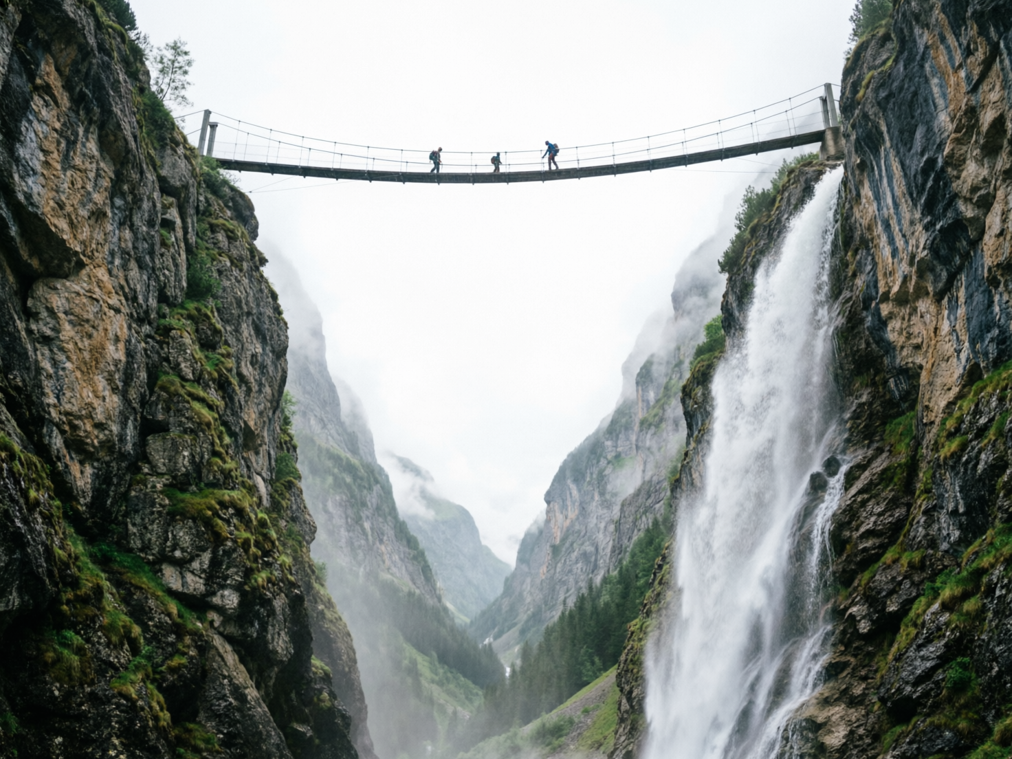 图中展示了一幅壮丽的山谷奇观。画面中心，一座细长的悬索吊桥横跨在两座陡峭的深色岩石峭壁之间，三名背着登山包的小小人影正小心翼翼地行走在桥上。右侧悬崖边有一道巨大的白色瀑布奔流而下，水花在谷底升腾起阵阵白雾。远景是层峦叠嶂的山谷，笼罩在朦胧的云雾中，色调以冷峻的灰绿色和岩石的深褐色为主。构图上采用了高耸的纵深感，强调了自然的雄伟与人类的渺小。

在 AI 生成的细节方面，存在明显的逻辑缺陷：首先，吊桥左侧的固定支柱完全悬浮在空中，没有与下方的岩石连接，缺乏物理支撑；其次，吊桥右侧的末端直接插入了瀑布的水流之中，而非固定在坚实的地面上，这在现实中是不可能的。此外，桥上三个人影的肢体线条较为模糊，比例略显僵硬，远处的山峦纹理也存在一定的涂抹感。