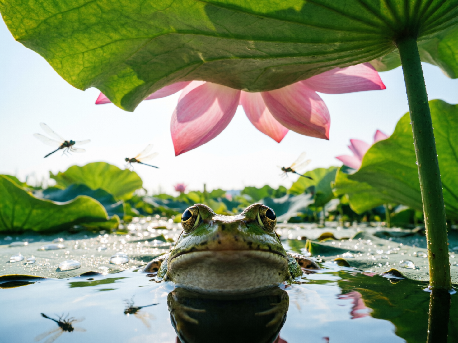 图中展示了一个充满夏日气息的荷塘特写场景。画面中心是一只巨大的绿色青蛙，它正从波光粼粼的水面中探出头来，正对着镜头，眼神明亮。青蛙上方覆盖着一片巨大的翠绿色荷叶，如同一把天然的遮阳伞，荷叶下方还垂下一朵娇艳的粉红色荷花，花瓣在阳光照射下呈现出半透明的质感。背景中，几只蜻蜓在低空飞舞，远处是连绵的荷叶与点缀其间的荷花，整体色调明亮清新，充满了生机。

然而，画面中存在明显的 AI 生成缺陷：首先，青蛙在水中的倒影显得非常混乱，出现了多余且结构不明的肢体线条，与实物无法对应；其次，左侧和中间的蜻蜓身体结构模糊，翅膀与躯干的连接处缺乏逻辑；此外，右侧荷叶的边缘与背景中的荷花在空间透视上发生了不自然的重叠，导致视觉深度感有些失真。
