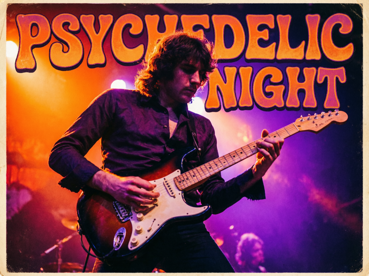 图中展示了一张具有 70 年代复古风格的摇滚演唱会海报。画面中心是一位留着深色卷发的年轻男性吉他手，他身穿黑色衬衫，正低头专注地弹奏一把日落色涂装的电吉他。背景笼罩在迷幻的橙色和紫色灯光中，带有明显的颗粒感和仿旧边框，上方印有橙紫色渐变的艺术字体“PSYCHEDELIC NIGHT”。然而，画面中存在多处 AI 生成的逻辑缺陷：最明显的是吉他手的左手（按弦手），其手指数量异常且扭曲，与琴颈的握持关系极不自然；右手（拨弦手）的手指也显得模糊且结构混乱。此外，吉他的琴头形状不规则，上面的品牌文字是无法辨认的乱码，琴弦的数量与旋钮位置也无法对应。吉他下方的插孔处连线方式生硬，缺乏真实的物理结构感。