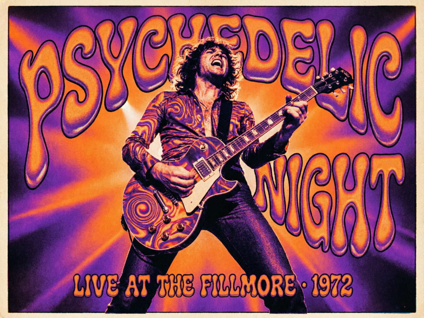 图中展示了一张具有 20 世纪 70 年代迷幻风格的摇滚演唱会海报。画面中心是一位留着深色卷发、神情激昂的吉他手，他正闭眼呐喊，弹奏着一把带有紫色和橙色旋涡花纹的电吉他。他穿着一件同样布满迷幻纹样的紧身衬衫。背景由紫色和橙色的放射状光芒组成，上方和右侧环绕着巨大的、如同流动液体般的艺术字体，写着“PSYCHEDELIC NIGHT”，下方则标有“LIVE AT THE FILLMORE · 1972”。整体色调浓郁，带有明显的复古颗粒感。在 AI 生成的细节方面，存在明显的逻辑缺陷：吉他手的左手手指显得扭曲且数量模糊，与琴弦的按压关系不自然；吉他的琴头形状不规则，且琴弦在延伸至琴头时消失或变得混乱；此外，吉他手衬衫上的纹理与吉他表面的花纹过于雷同，缺乏材质区分感。
