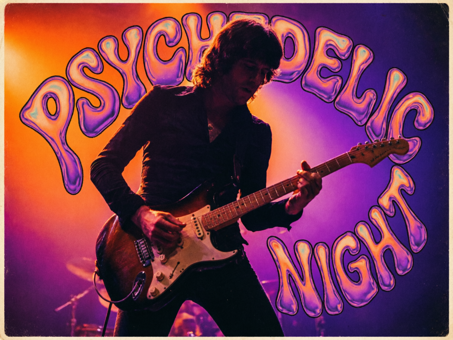 图中展示了一张具有 20 世纪 70 年代复古风格的音乐海报。画面中心是一位留着深色卷发的男吉他手，他身穿黑色衬衫，正低头专注地弹奏一把日落色涂装的电吉他。背景呈现出迷幻的紫色与橙色渐变，伴有朦胧的舞台灯光效果。画面上方和右下方环绕着巨大的、具有流动液态质感的紫色立体艺术字“PSYCHEDELIC NIGHT”。整体构图紧凑，色彩浓郁，营造出一种摇滚音乐会的现场氛围。

在 AI 生成的细节方面，存在明显的逻辑缺陷：首先，吉他手的左手（按弦手）手指形状模糊且扭曲，指法不符合实际弹奏逻辑；其次，吉他的琴头形状不规则，琴弦在靠近琴头处凭空消失，并未连接到调音旋钮上；此外，吉他琴身上的拾音器和旋钮布局显得杂乱且不对称。文字虽然清晰，但边缘的液态流动效果在局部显得有些生硬。