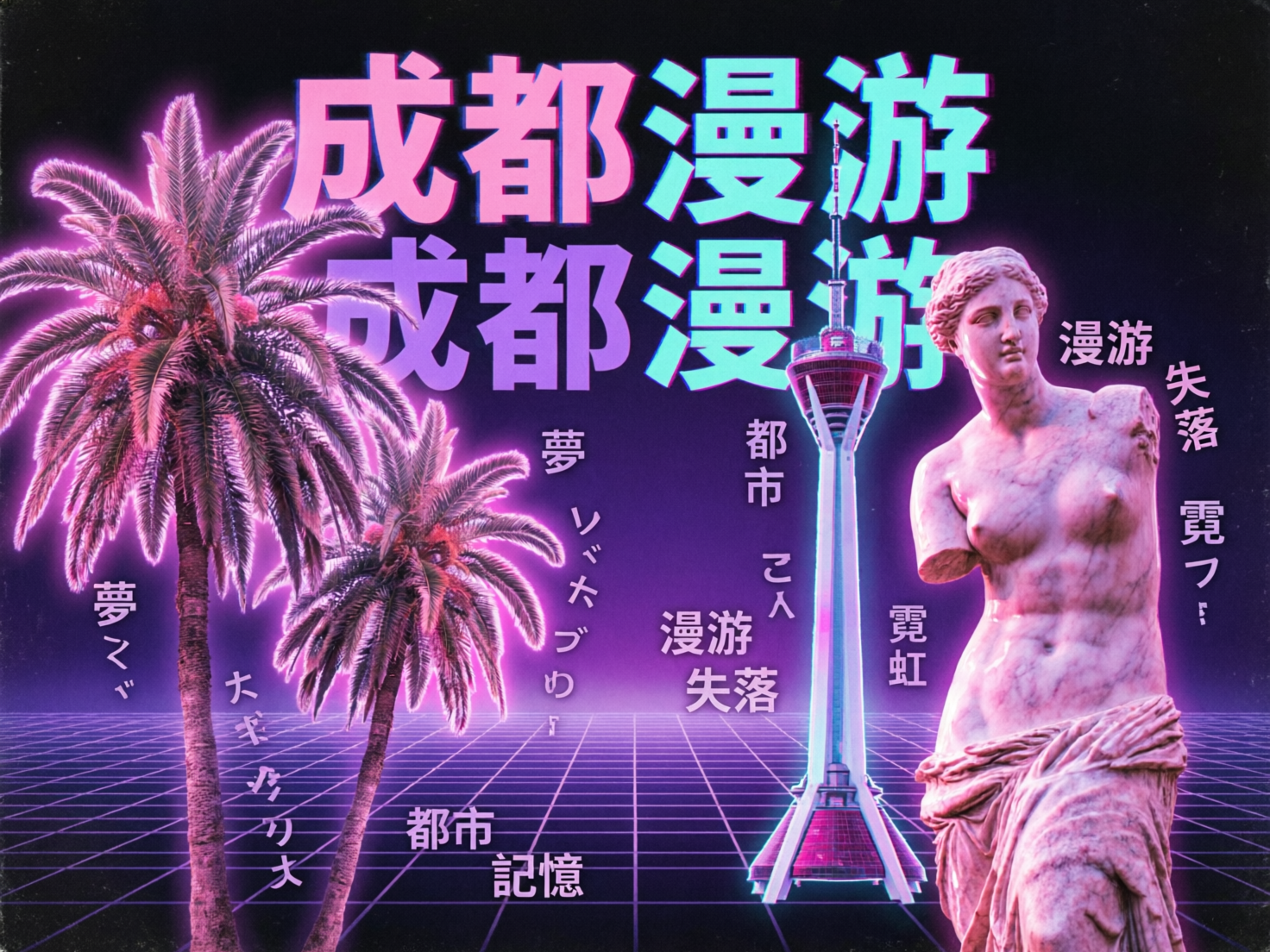 图中展示了一幅具有典型“蒸汽波”（Vaporwave）艺术风格的拼贴画面。背景由深紫色的渐变天空和发光的紫色透视网格地面组成，营造出一种复古未来主义的氛围。画面左侧是两棵带有紫色霓虹边缘的棕榈树，中间矗立着一座类似成都 339 电视塔的建筑，右侧则是一尊粉紫色调的断臂维纳斯石膏像。画面上方有巨大的“成都漫游”中文字样，并带有青色和粉色的重影效果。画面中散落着“都市”、“记忆”、“失落”等中文词汇以及一些日文字符。作为 AI 生成的图像，其缺陷较为明显：文字排版显得杂乱且逻辑不通，部分日文字符结构扭曲，并非真实的语言表达；电视塔的细节略显模糊，与周围元素的融合处有生硬的抠图感；整体构图虽然色彩鲜艳，但元素间的比例和透视关系带有明显的随机堆砌感。