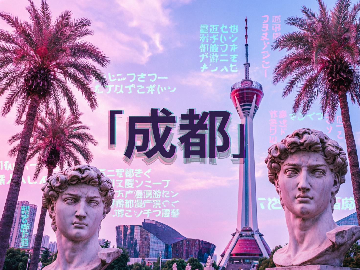 图中展示了一幅充满蒸汽波（Vaporwave）艺术风格的拼贴画面。背景是淡紫色与粉色交织的黄昏天空，中心矗立着一座高耸的电视塔，其造型酷似成都的四川广播电视塔。画面左右两侧对称排列着高大的棕榈树，前景则是两尊巨大的大卫雕像头部。画面中央带有黑色的“成都”二字，并伴有粉绿色的重影特效。整体色调呈现出一种复古而梦幻的霓虹感，天空中还漂浮着许多发光的、类似日语假名和汉字的乱码字符。

在 AI 生成的细节方面，画面存在明显的逻辑与文字缺陷：首先，漂浮在空中的文字均为不可读的乱码，笔画扭曲且无实际意义；其次，大卫雕像的肩部断裂处显得不够自然，纹理略显模糊；此外，背景中的建筑细节在放大后呈现出不规则的色块堆叠，缺乏真实的透视结构。这种将古典雕塑、热带植物与现代城市地标强行结合的构图，是典型的 AI 艺术创作特征。