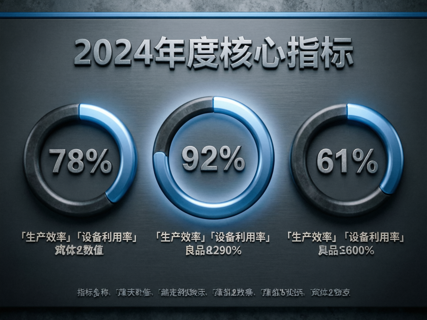 图中展示了一张具有金属质感的数据看板，背景为深灰色的拉丝金属面板，整体风格冷峻且富有科技感。画面上方有醒目的立体金属文字“2024年度核心指标”。中间并排排列着三个圆环进度条，分别显示着“78%”、“92%”和“61%”的数值。圆环由深灰色基底和发光的蓝色进度条组成，其中中间的92%圆环最为突出，带有明显的蓝色光晕效果。

画面中存在明显的 AI 生成缺陷，主要体现在文字和逻辑上：底部的说明文字出现了严重的乱码和笔画扭曲，无法辨认具体含义；进度条的视觉比例与显示的百分比数值不符，例如61%的蓝色部分看起来远少于圆环的一半；此外，圆环下方的标签文字重复出现了“生产效率”和“设备利用率”，且伴有错误的字符（如“良品&290%”和“良品Σ600%”），逻辑完全不通。整体构图虽然整齐，但细节处的文字错误揭示了其 AI 生成的本质。