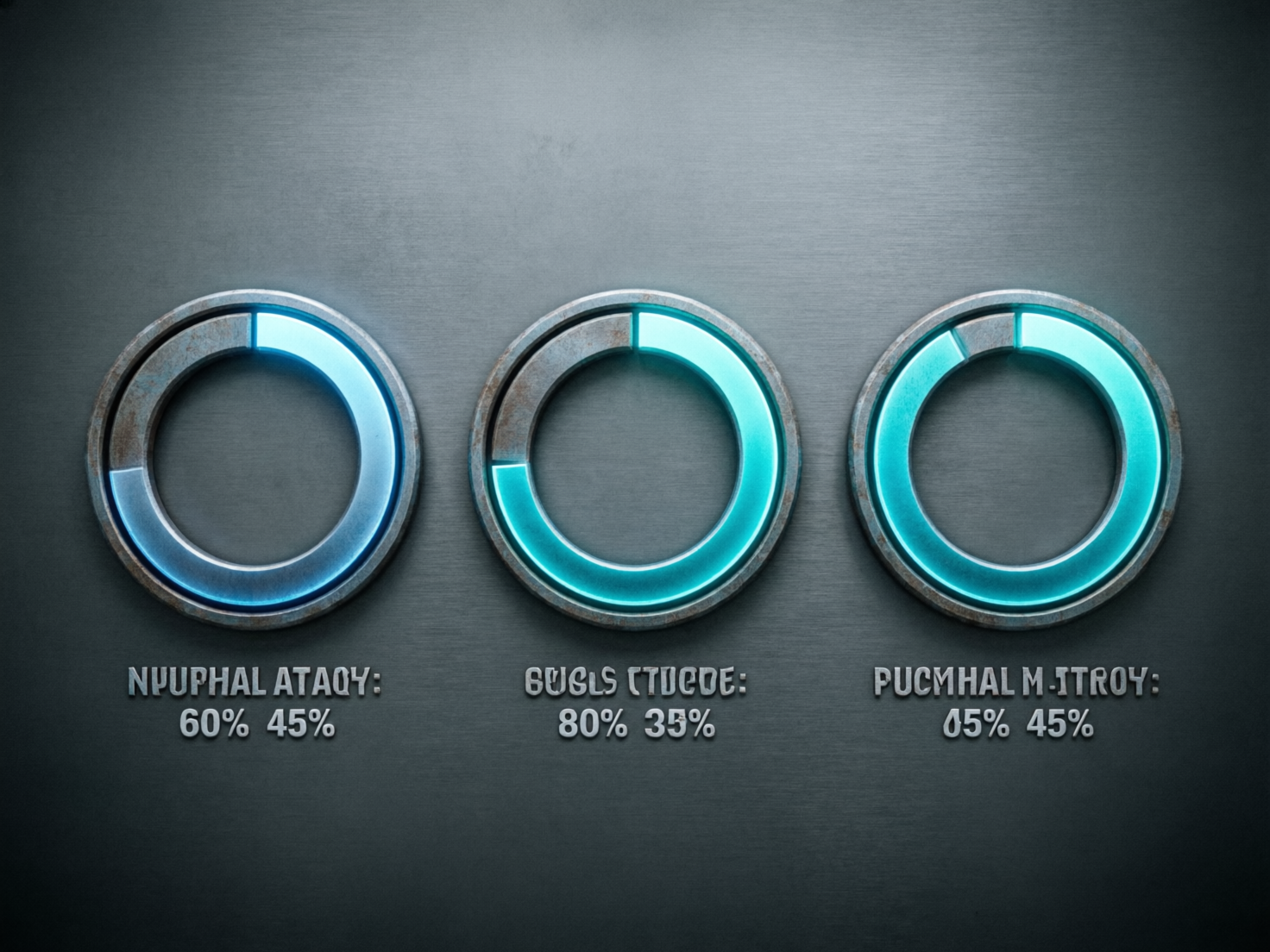 图中展示了一个具有科幻工业风格的金属质感背景，背景呈现出深灰色的拉丝金属纹理。画面中央横向排列着三个圆环状的进度条或仪表盘，每个圆环都由带有锈迹的粗糙金属外框和内部发光的青蓝色能量条组成。圆环下方分别配有白色的文字和百分比数值。整体色调冷峻，青蓝色的荧光效果与暗沉的金属背景形成鲜明对比，营造出一种未来科技感。

然而，画面中存在明显的 AI 生成缺陷。首先是文字逻辑错误，下方的英文单词如“NYUPHAL ATAQY”等均为无意义的乱码拼写，且字体边缘模糊。其次是数据表达异常，每个圆环下方都标注了两个不同的百分比（如 60% 45%），这在常规逻辑中难以解释。此外，圆环内部的发光进度条与下方的百分比数值完全不匹配，例如标注为 80% 的中间圆环，其发光部分实际上并未达到圆周的百分之八十，视觉呈现与数据信息严重脱节。