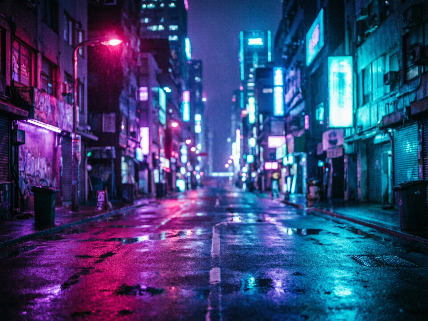 图中展现了一个充满赛博朋克风格的都市深夜街景。画面采用中心透视构图，一条潮湿的柏油马路向远方延伸，路面上布满了积水，倒映着两侧绚烂的霓虹灯光。色彩上以冷调的青蓝色和暖调的玫紫色为主，形成了强烈的视觉对比。街道两旁是密集的旧式高层建筑，墙面上挂满了发光的广告牌和招牌，空气中似乎弥漫着稀薄的雨雾，使远景显得有些模糊。

在 AI 生成的细节方面，存在一些明显的逻辑缺陷：首先，街道两旁的建筑结构显得模糊且不合理，许多窗户和空调外机的排列呈现出扭曲的几何感；其次，广告牌上的文字均为无法辨认的色块或乱码，缺乏真实的文字结构；此外，马路中央的白色虚线在延伸过程中出现了断裂和透视偏移，右侧的垃圾桶与地面的衔接处也显得生硬，缺乏真实的阴影过渡。整体画面虽然氛围感极强，但在物体边缘的处理上存在 AI 特有的涂抹痕迹。