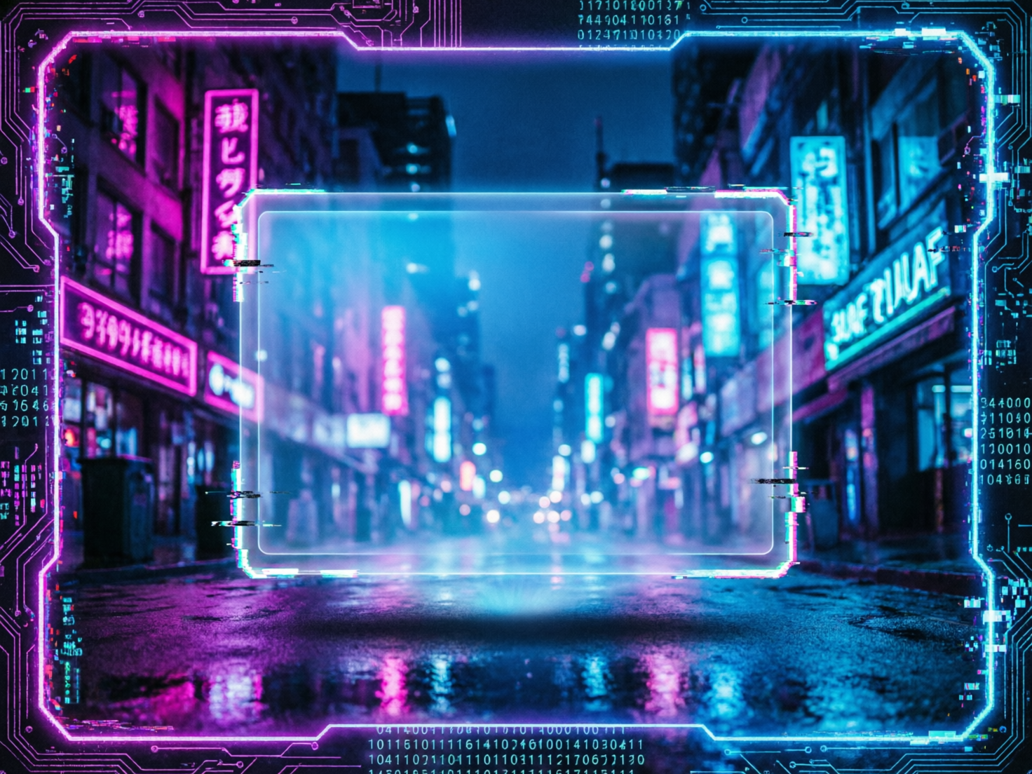 图中展现了一个充满赛博朋克风格的城市街道夜景。画面中心是一个半透明的浅蓝色发光长方形边框，悬浮在半空中。外围则被一个更大的、带有电路纹理和数字代码的紫色与蓝色霓虹边框包围，营造出一种数字系统界面的视觉感。背景是一条湿漉漉的街道，两侧矗立着密集的建筑，挂满了粉色、紫色和青色的霓虹灯招牌。地面反射着绚丽的灯光，远处的街景逐渐模糊，呈现出深邃的透视感。在 AI 生成的细节方面，画面边缘的数字代码和招牌上的文字大多是杂乱无意义的符号，并非真实的语言。此外，部分霓虹灯框的线条存在细微的断裂和像素化的故障效果，虽然这符合赛博朋克的审美，但也体现了 AI 在处理精细几何线条时的不稳定性。整个构图色彩浓郁，冷暖色调交织，充满未来科技感。