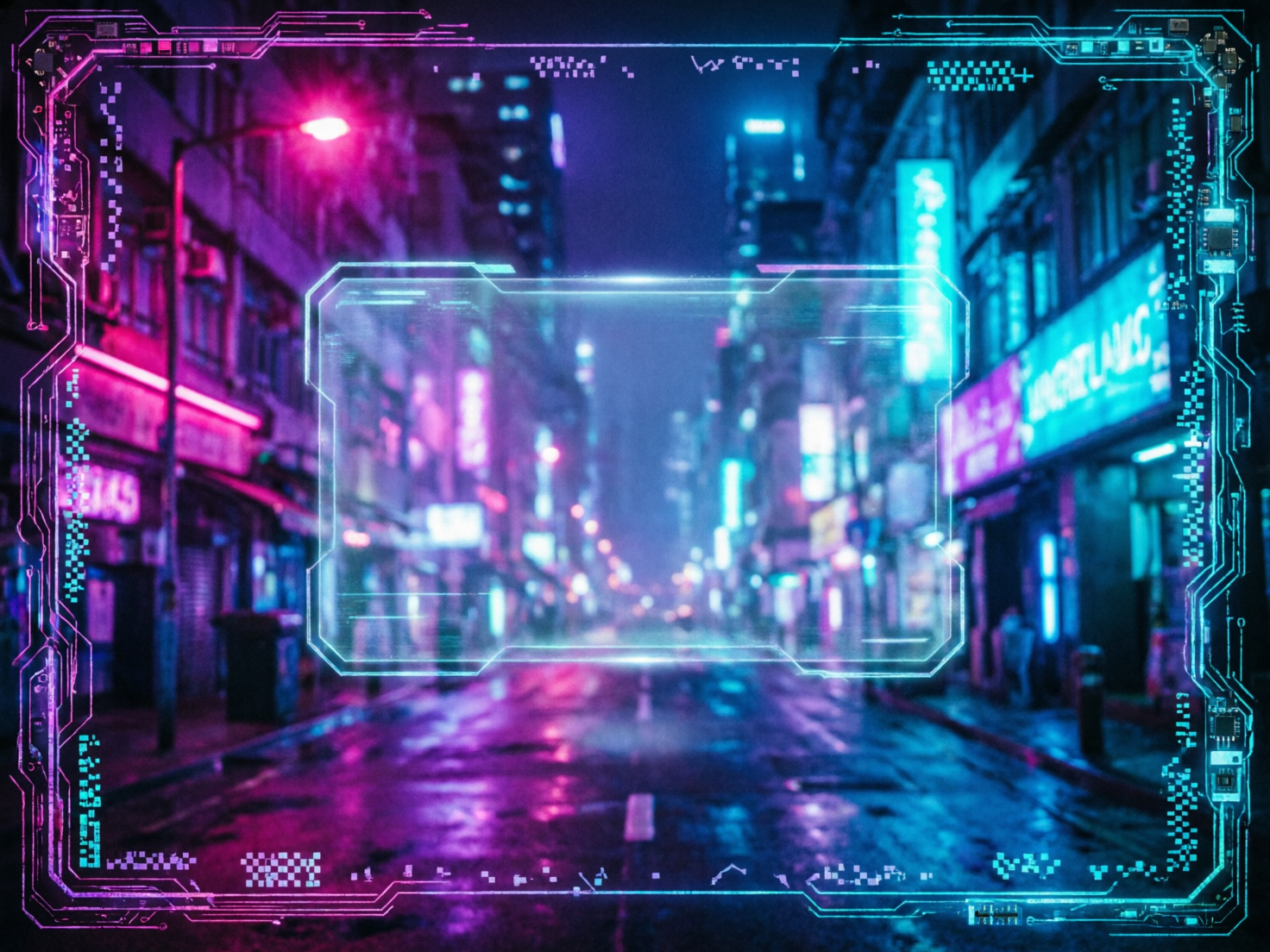 图中展示了一个充满赛博朋克风格的城市街道夜景。画面以深紫色和青蓝色为主调，营造出一种科幻且忧郁的氛围。背景是潮湿的街道，路面反射着两侧霓虹灯招牌的绚丽光影，远处建筑虚化，延伸感极强。画面的最外层覆盖着一圈复杂的电子电路纹理边框，呈现出粉紫到青蓝的渐变色。画面中央悬浮着一个半透明的蓝色高科技扫描框，仿佛是某种增强现实（AR）界面或相机的对焦框。在 AI 生成的细节方面，可以观察到明显的缺陷：两侧建筑上的霓虹灯文字完全扭曲且无法辨认，呈现出无意义的乱码字符；外围电路边框的线条逻辑混乱，部分像素点分布不均，缺乏真实的工业设计感；街道远处的灯光光斑形状异常，透视关系略显平面化，缺乏真实空间的层次感。