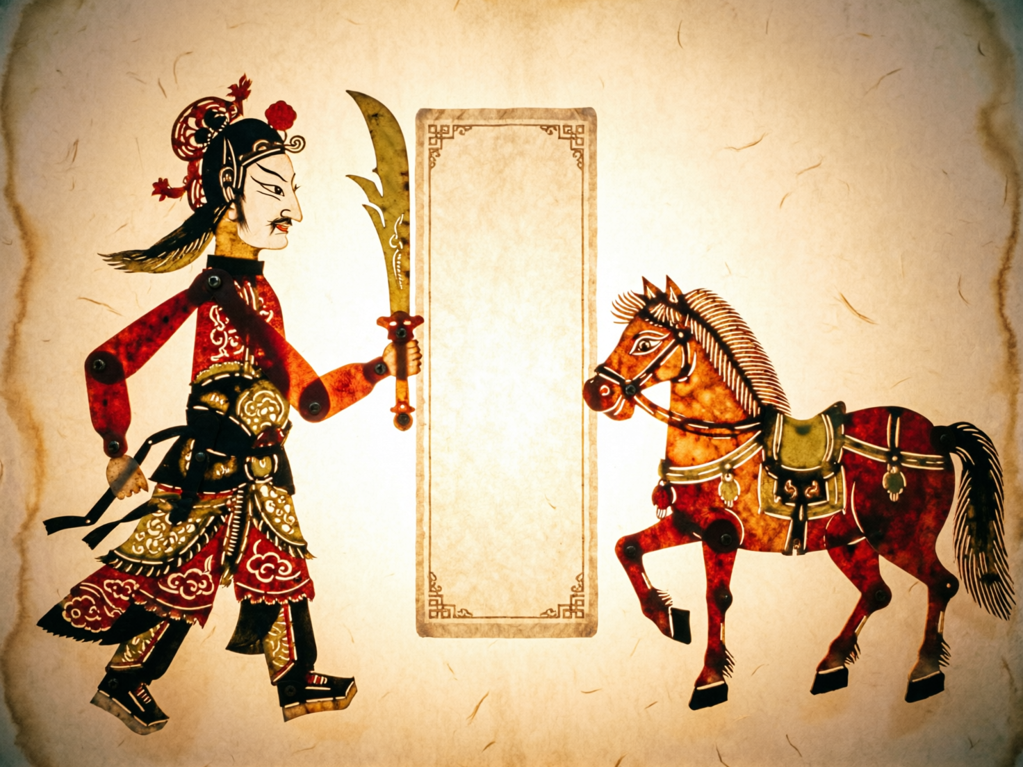 图中展示了一幅模仿中国传统皮影戏风格的画面。背景是带有泛黄质感和烧焦边缘效果的宣纸，正中央有一个竖长的空白矩形边框。画面左侧站立着一位武将造型的皮影人物，他头戴红缨冠，身披红黑相间、带有金色云纹的铠甲，右手持一把宽大的金色长刀，关节处可见明显的圆点连接件。画面右侧是一匹红棕色的战马皮影，马背上备有绿色的马鞍，正呈昂首抬蹄的姿态。整体色调以暖红、金黄和古朴的棕色为主，模拟了灯光照射在皮影上的透光感。

画面中存在明显的 AI 生成缺陷：首先是人物的手部，持刀的左手手指结构模糊且数量异常，与刀柄的握持关系不自然；其次是马的腿部，右前蹄的关节连接处逻辑混乱，且马蹄的形状显得生硬且不符合生物结构；此外，背景中央的空白边框四角花纹并不完全对称，线条略显歪斜。