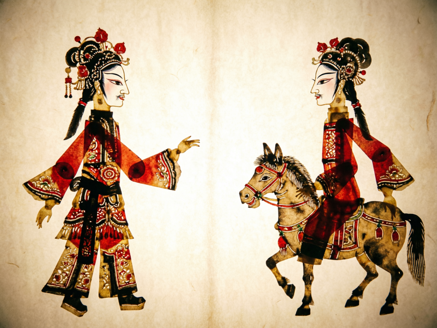 图中展示了一幅模仿中国传统皮影戏风格的艺术作品，背景是带有褶皱质感的淡黄色仿旧纸张。画面左右各有一个皮影人物，均呈现侧脸造型，头戴华丽的红色花朵发饰和精致的头冠。左侧人物身穿红黑相间的繁复长袍，正伸出一只手指向前方；右侧人物则骑在一匹棕色的骏马上，马匹身上装饰着红色的缰绳和流苏。整体色彩以红、黑、金为主，具有浓郁的民间艺术气息。

然而，画面中存在明显的 AI 生成缺陷：首先，人物的手部结构异常，左侧人物伸出的手掌手指数量和关节连接不自然，呈现出扭曲的爪状；其次，右侧骑马人物的身体与马匹的衔接逻辑混乱，人物像是直接“贴”在马背上，缺乏合理的腿部跨坐结构；此外，马的后腿与臀部连接处线条模糊，且马蹄的形状分布不均，缺乏皮影戏应有的关节切割感，整体透视略显生硬。