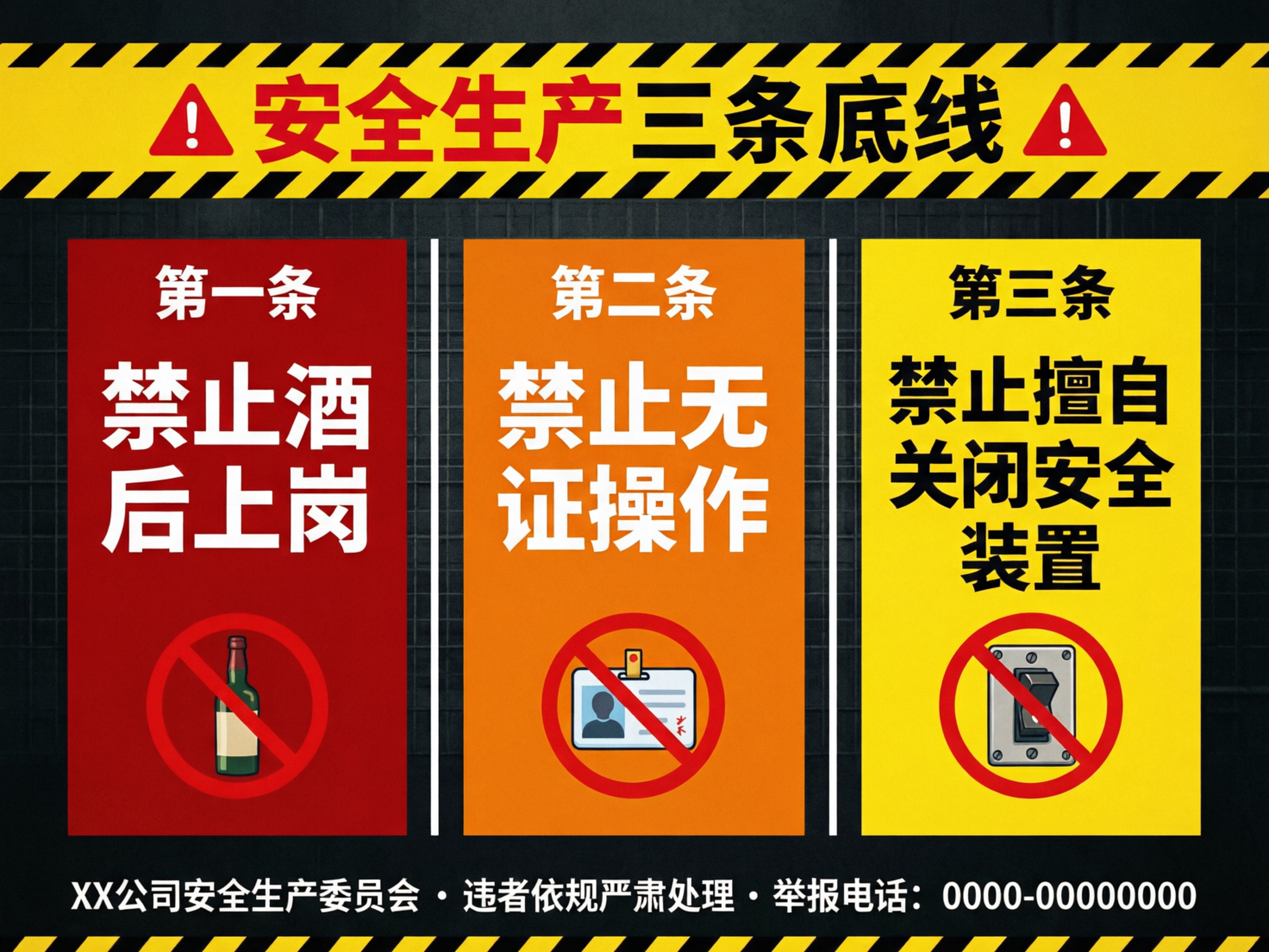 画面中是一张关于“安全生产三条底线”的宣传海报，背景为深灰色的砖墙纹理。海报顶部和底部都有黄黑相间的斜纹警戒线装饰。顶部正中是红色的标题，两侧带有红色感叹号警告标志。海报主体由红、橙、黄三个垂直色块组成，分别对应三条规定：第一条红色背景，写着“禁止酒后上岗”，下方配有被红色斜杠划掉的酒瓶图标；第二条橙色背景，写着“禁止无证操作”，下方是划掉的工作证图标；第三条黄色背景，写着“禁止擅自关闭安全装置”，下方是划掉的电闸开关图标。海报最下方列有落款单位及举报电话。

这张图片存在明显的 AI 生成缺陷：文字排版略显生硬，尤其是底部举报电话为一串占位符数字“0000-00000000”。中间橙色板块内的证件图标细节模糊，人像部分扭曲且边缘有不自然的红点。此外，整体构图虽然规整，但部分文字的笔画粗细不均，具有典型的 AI 绘图痕迹。