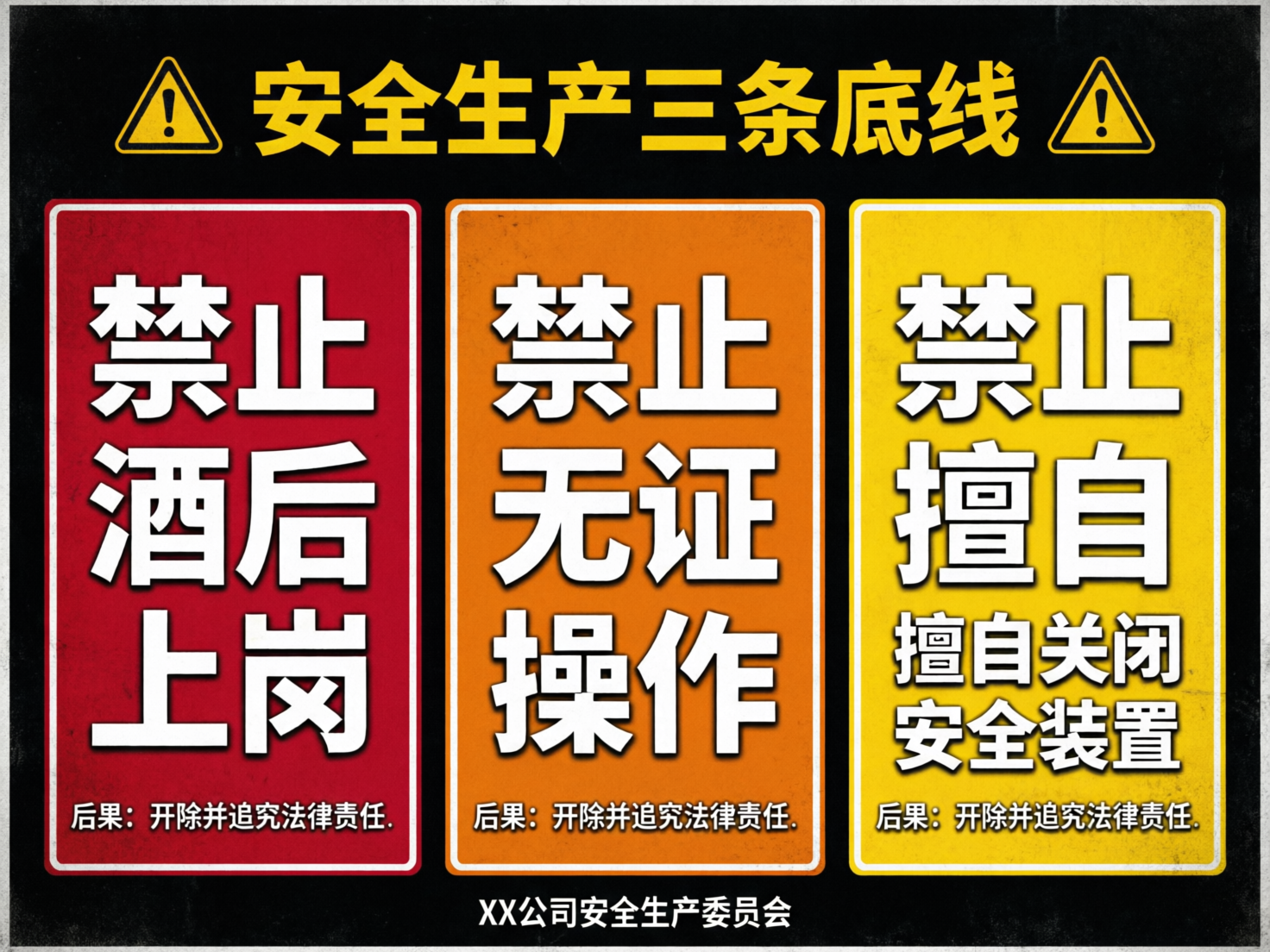 图中展示了一张以黑色为背景的安全生产宣传海报，主题为“安全生产三条底线”。画面顶部左右各有一个带感叹号的黄色三角警示图标，中间是醒目的黄色标题。下方并排排列着三个圆角矩形色块，从左至右分别为红色、橙色和黄色，每个色块内都用白色粗体字列出了一条禁令：分别是“禁止酒后上岗”、“禁止无证操作”和“禁止擅自关闭安全装置”。每个色块底部都有一行小字，强调违规后果为“开除并追究法律责任”。最下方署名为“XX公司安全生产委员会”。

这张图片存在明显的 AI 生成缺陷：首先，文字排版显得拥挤且不规范，尤其是右侧黄色区域内的文字出现了逻辑重复，大字写着“禁止擅自”，下方紧接着又重复了“擅自关闭安全装置”，导致视觉重心失衡。其次，部分汉字的笔画边缘不够平滑，带有 AI 生成特有的毛刺感。整体构图虽然色彩鲜明，但细节处的文字逻辑错误是其主要瑕疵。