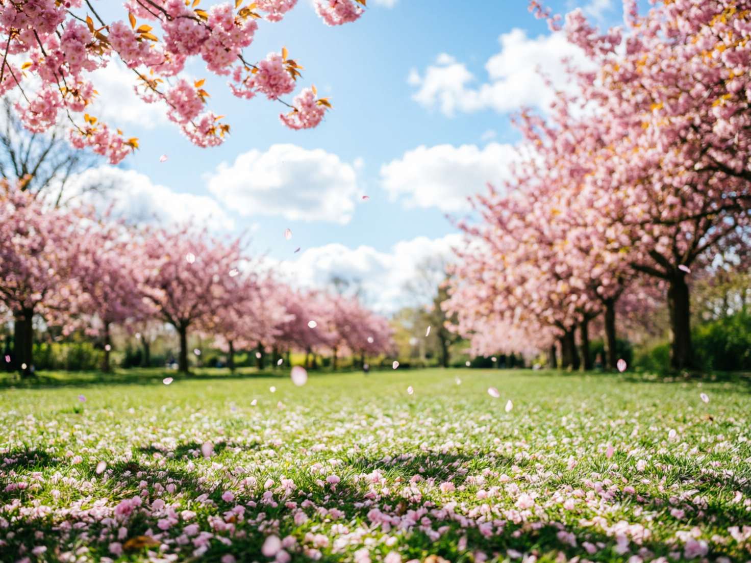图中展现了一个充满春天气息的公园场景，阳光明媚，蓝天白云。画面两侧整齐排列着盛开的粉红色樱花树，形成了一条自然的景观长廊。草坪翠绿且茂盛，上面铺满了飘落的粉色花瓣，空中也有许多花瓣随风飞舞，营造出浪漫的氛围。构图采用了低角度透视，焦点集中在近处的草地和花瓣上，远景略显模糊。画面色彩明亮，以粉色、绿色和天蓝色为主调。

在 AI 生成的细节方面，存在一些明显的逻辑缺陷：首先，空中飘浮的部分花瓣形状过于圆润且边缘生硬，看起来更像是不规则的色块而非真实花瓣；其次，左上角近景处的樱花枝干连接处显得有些模糊和结构混乱，部分花簇像是凭空悬浮在空中；此外，草地上花瓣的分布过于均匀且密集，缺乏自然堆叠的层次感，远处的树干阴影与光线方向也略显不一致。