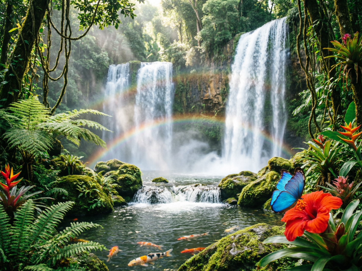 图中展现了一幅色彩斑斓、极具奇幻感的丛林瀑布景观。画面中心是两道宽阔的白色瀑布，从茂密的翠绿山崖上倾泻而下，水雾缭绕中横跨着两道明亮的彩虹。前景是一个清澈的池塘，几条红白相间的锦鲤在水中游动。右下角有一朵硕大的红色扶桑花，上面停憩着一只翅膀呈鲜艳亮蓝色的蝴蝶。四周环绕着繁茂的蕨类植物、藤蔓和火红的极乐鸟花，阳光穿过上方树叶的缝隙，形成柔和的光束。

在 AI 生成的细节方面，画面存在一些明显的逻辑异常：首先，彩虹的结构不合理，下方的彩虹呈现出完整的半圆弧，而上方的彩虹片段却与下方重叠且透视错乱；其次，水中的锦鲤比例不一，部分鱼身与水面的倒影融合模糊；右侧蝴蝶的大小相对于花朵显得过于巨大，且其足部与花蕊的接触点缺乏真实的重力感。此外，左侧的藤蔓线条过于杂乱，部分植物的叶片边缘出现了不自然的重叠与结构缺失。