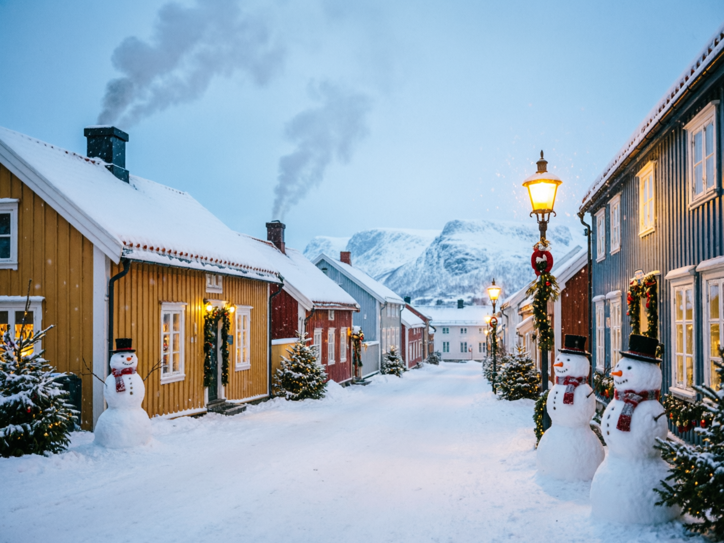 图中展现了一个充满童话色彩的北欧风格雪后小镇街道。画面中心是一条被厚厚白雪覆盖的街道，两旁排列着明黄、深红和浅蓝色的木质房屋，屋顶积雪厚重，烟囱正冒出淡淡的灰色烟雾。街道两旁点缀着挂满灯饰的圣诞树，几个戴着黑色高礼帽、围着红白格子围巾的雪人立在路边，神态俏皮。一盏散发着暖黄色光芒的复古路灯矗立在右侧，背景是远方连绵的雪山，天空呈现出清冷的淡蓝色。

画面中存在明显的 AI 生成缺陷：左侧雪人的树枝手臂悬空，未与身体自然连接；右侧两个雪人的围巾纹理模糊且重叠感异常；路灯顶部的装饰物结构不合理，且灯光周围的雪花光点分布过于机械。此外，远处房屋的窗户比例略显失调，烟囱冒出的烟雾形状过于规整，缺乏自然的流动感。